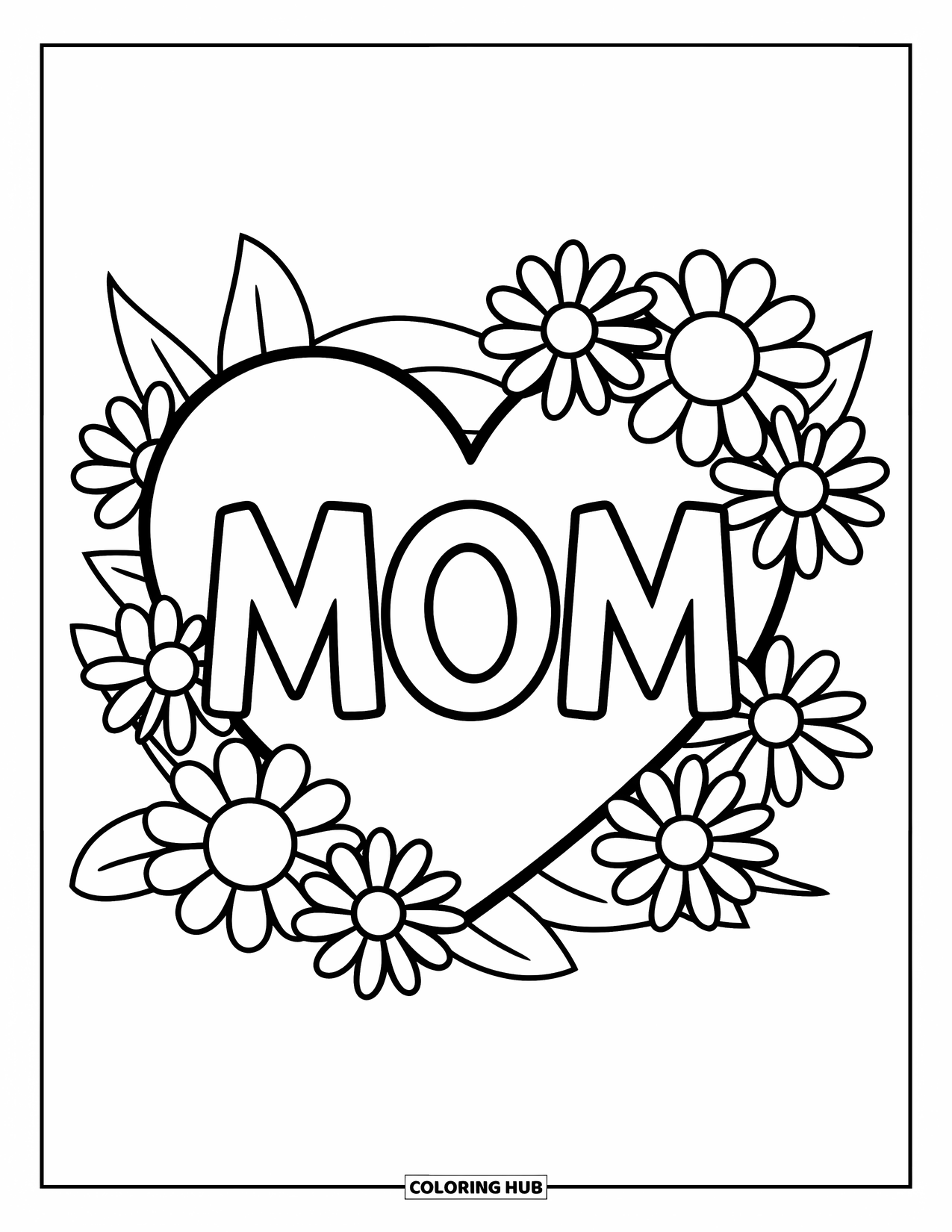 May Coloring Page for Kids: A big heart labeled "Mom" is surrounded by blooming flowers