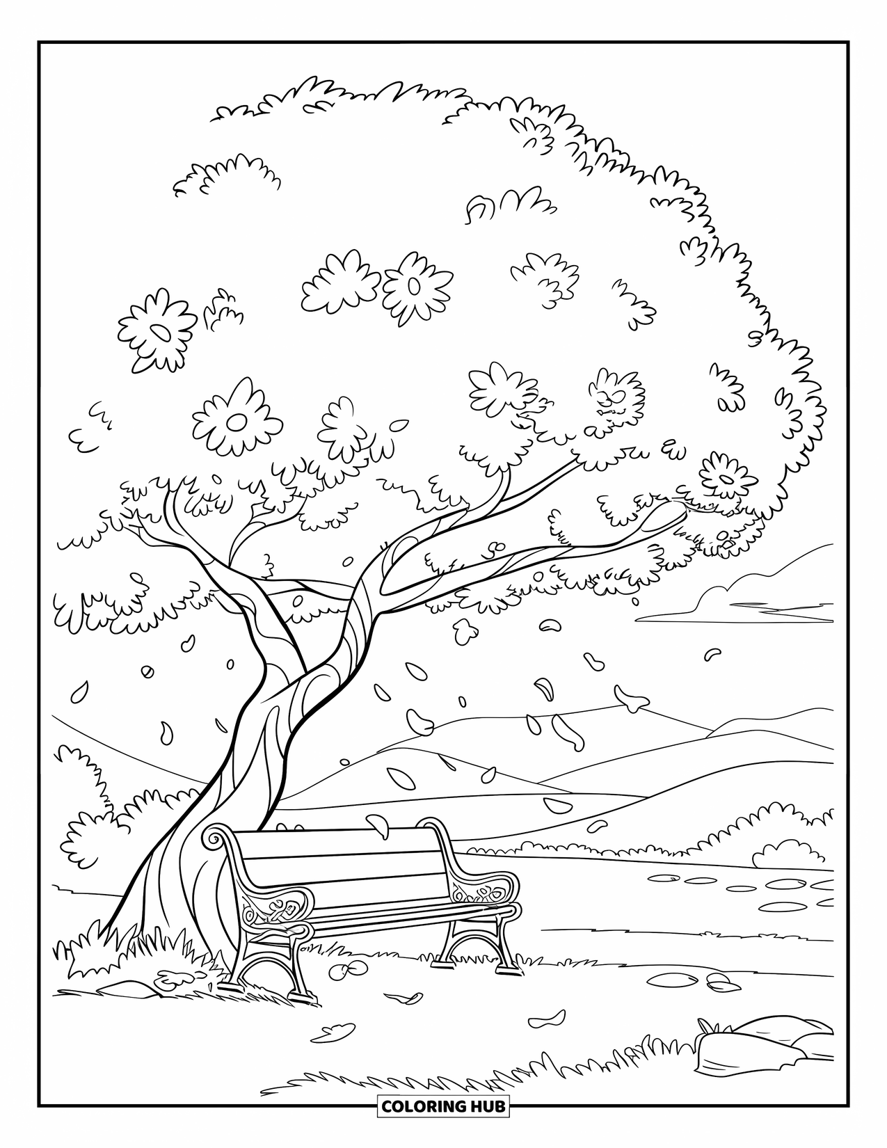 May Coloring Page for Kids: A blooming tree shades a bench near a mountain path and soft sky