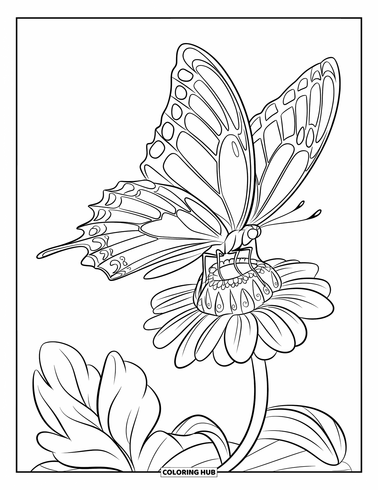 May Coloring Page for Kids: A butterfly with patterned wings hovers over a tall blooming flower