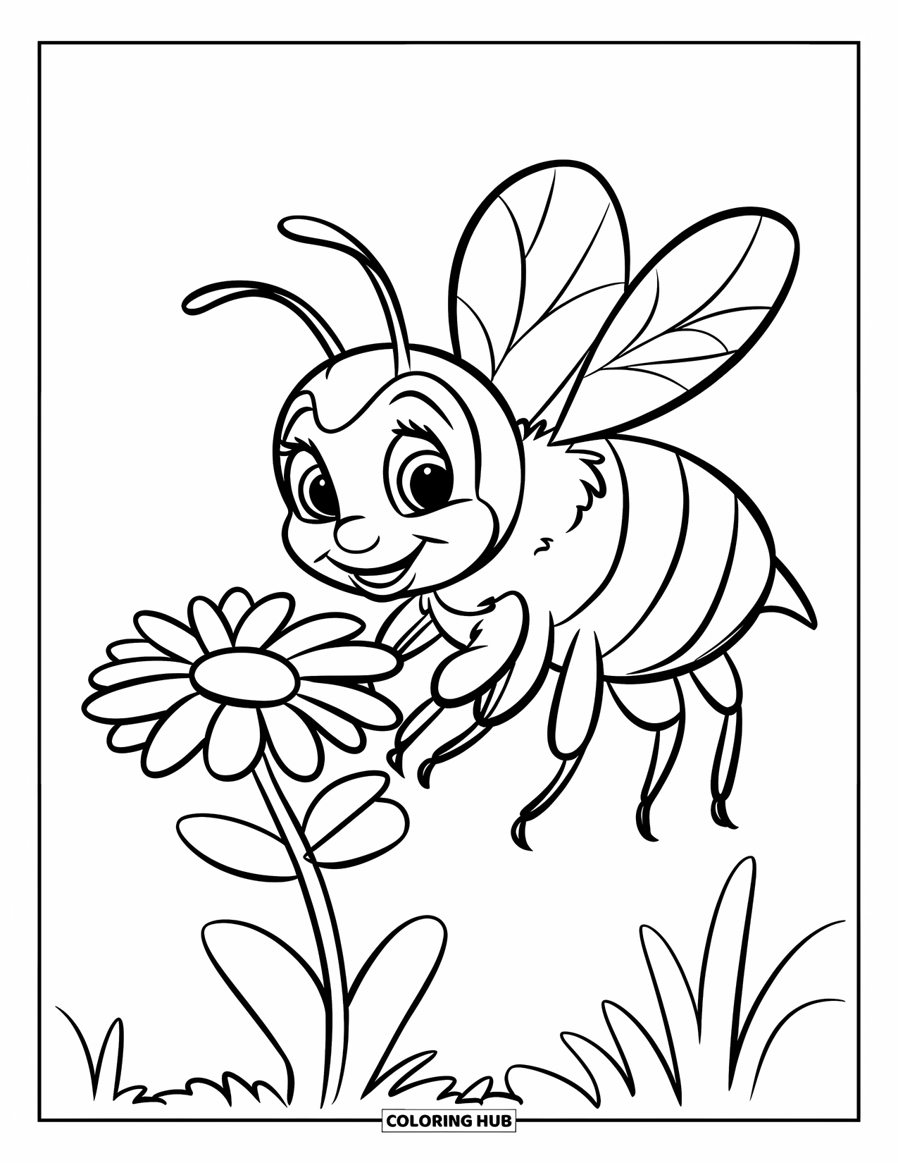 May Coloring Page for Kids: A cheerful bee holds a daisy in a sunny field