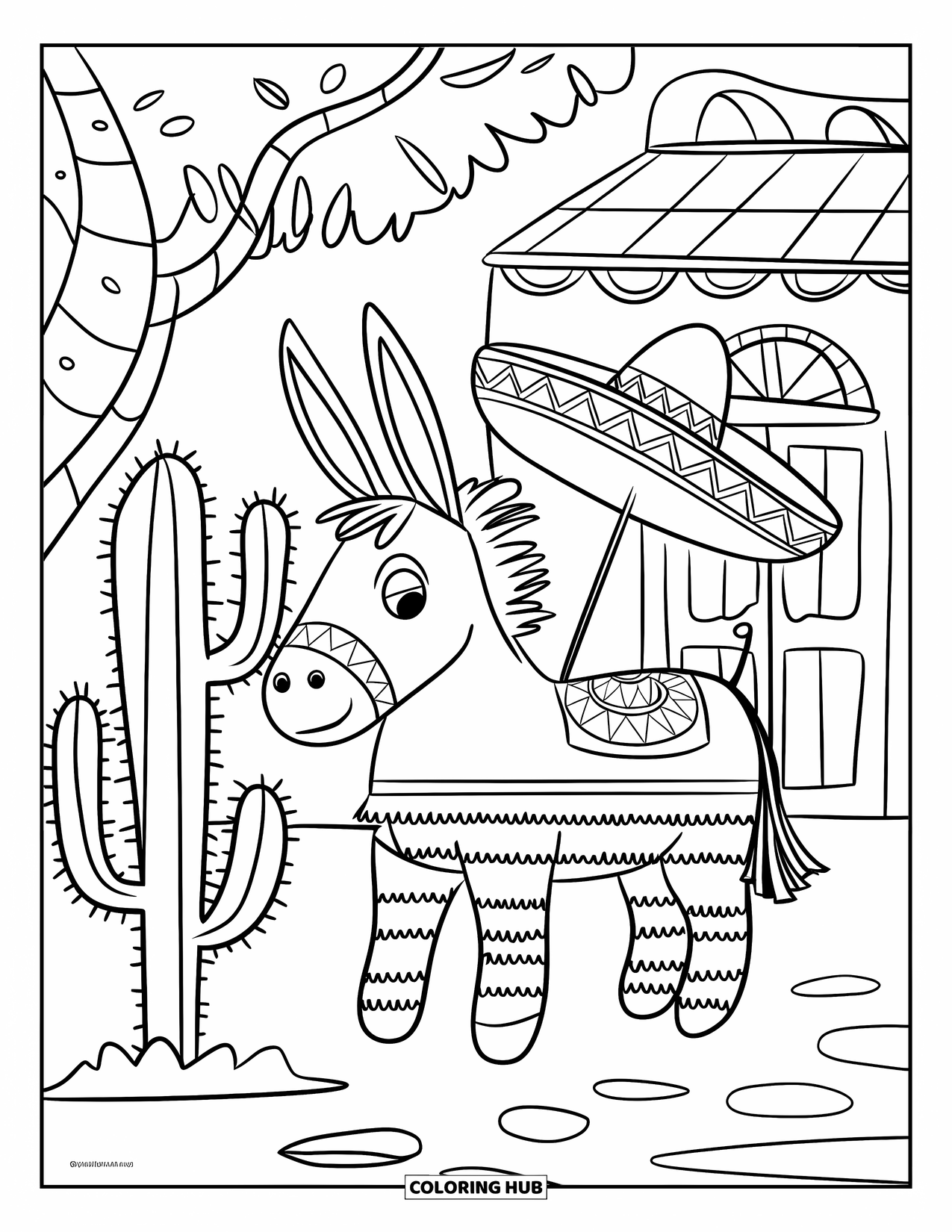 May Coloring Page for Kids: A Cinco de Mayo piñata and cactus stand beside a sunny building