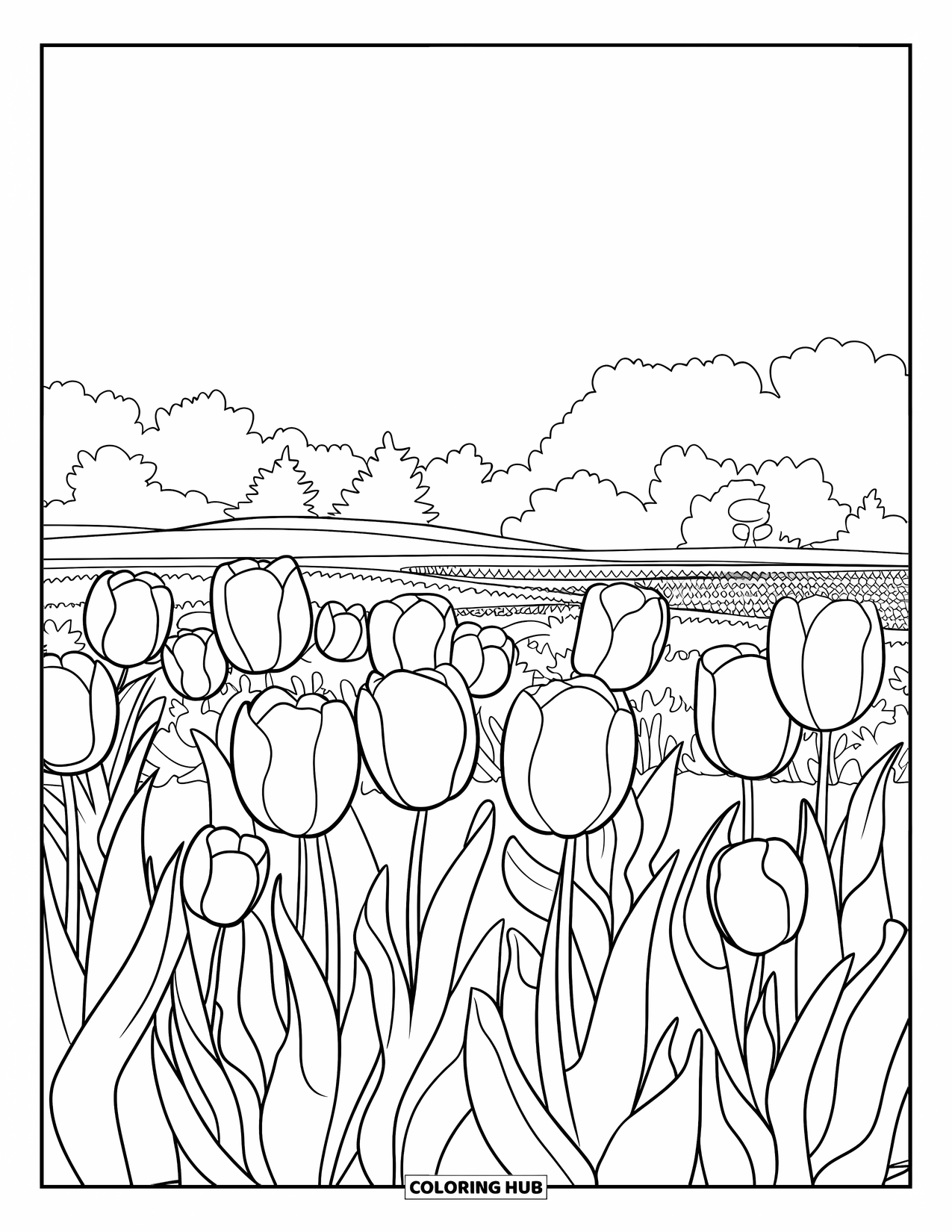 May Coloring Page for Kids: A field of tulips stretches toward the sky with trees in the distance