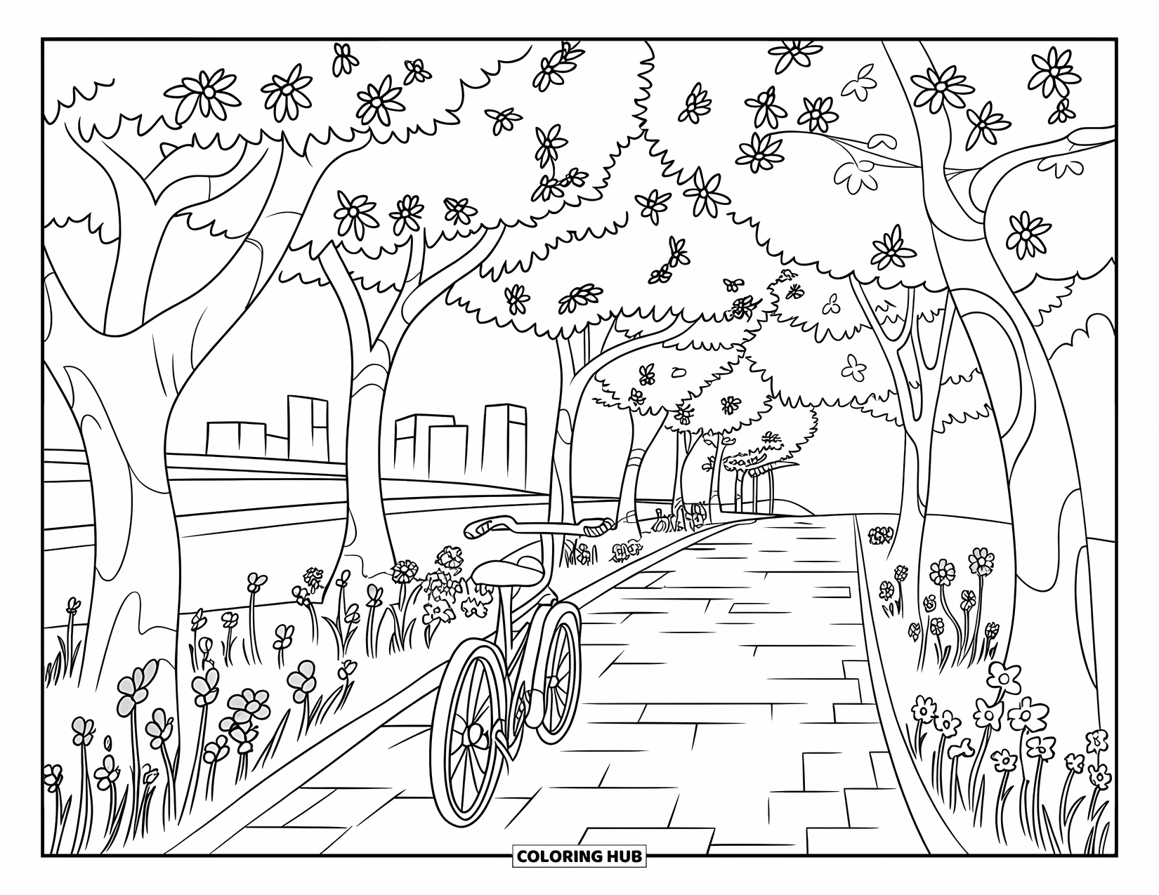 May Coloring Page for Kids: A floral tree-lined bike path winds through a scenic spring setting