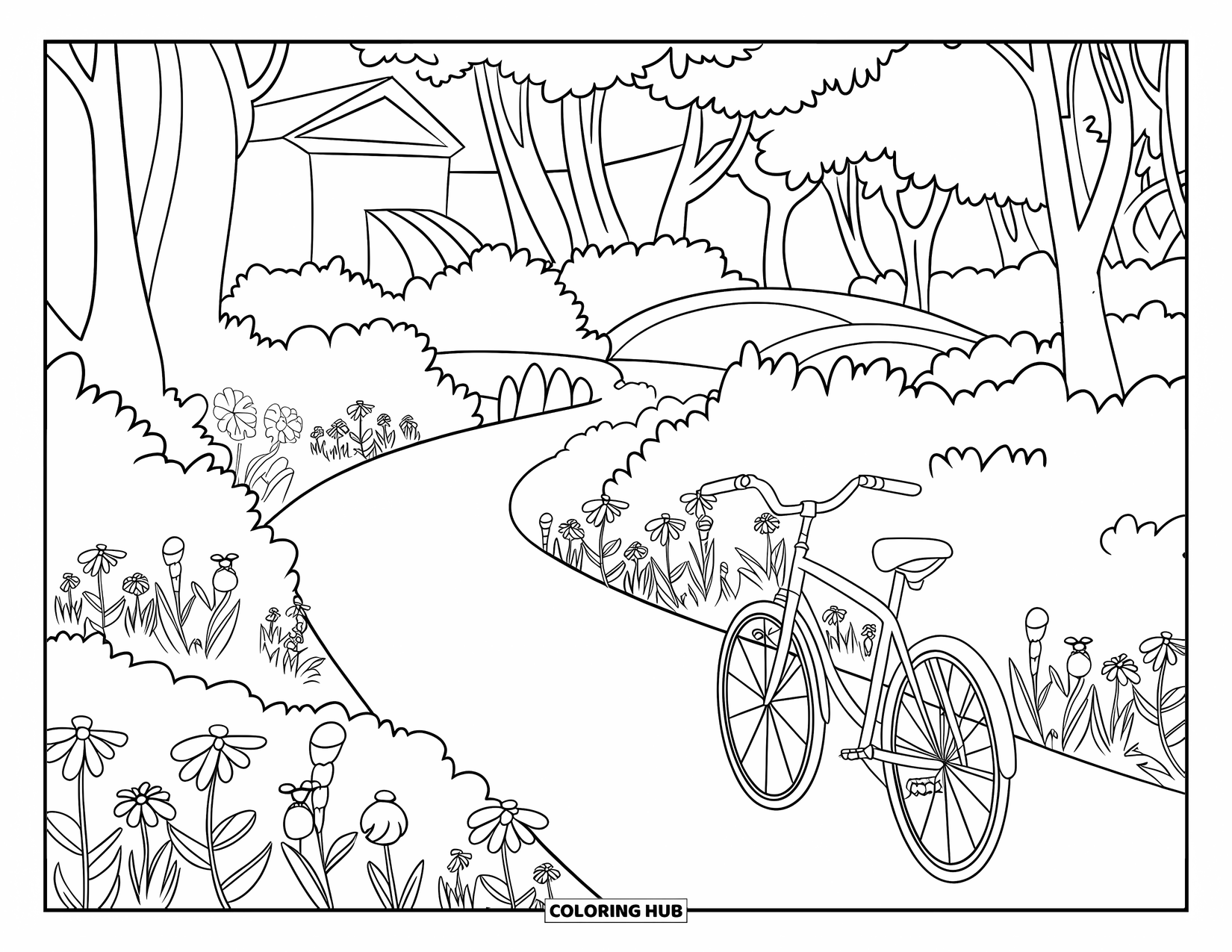 May Coloring Page for Kids: A forest path lined with blossoms and wildflowers welcomes spring riders