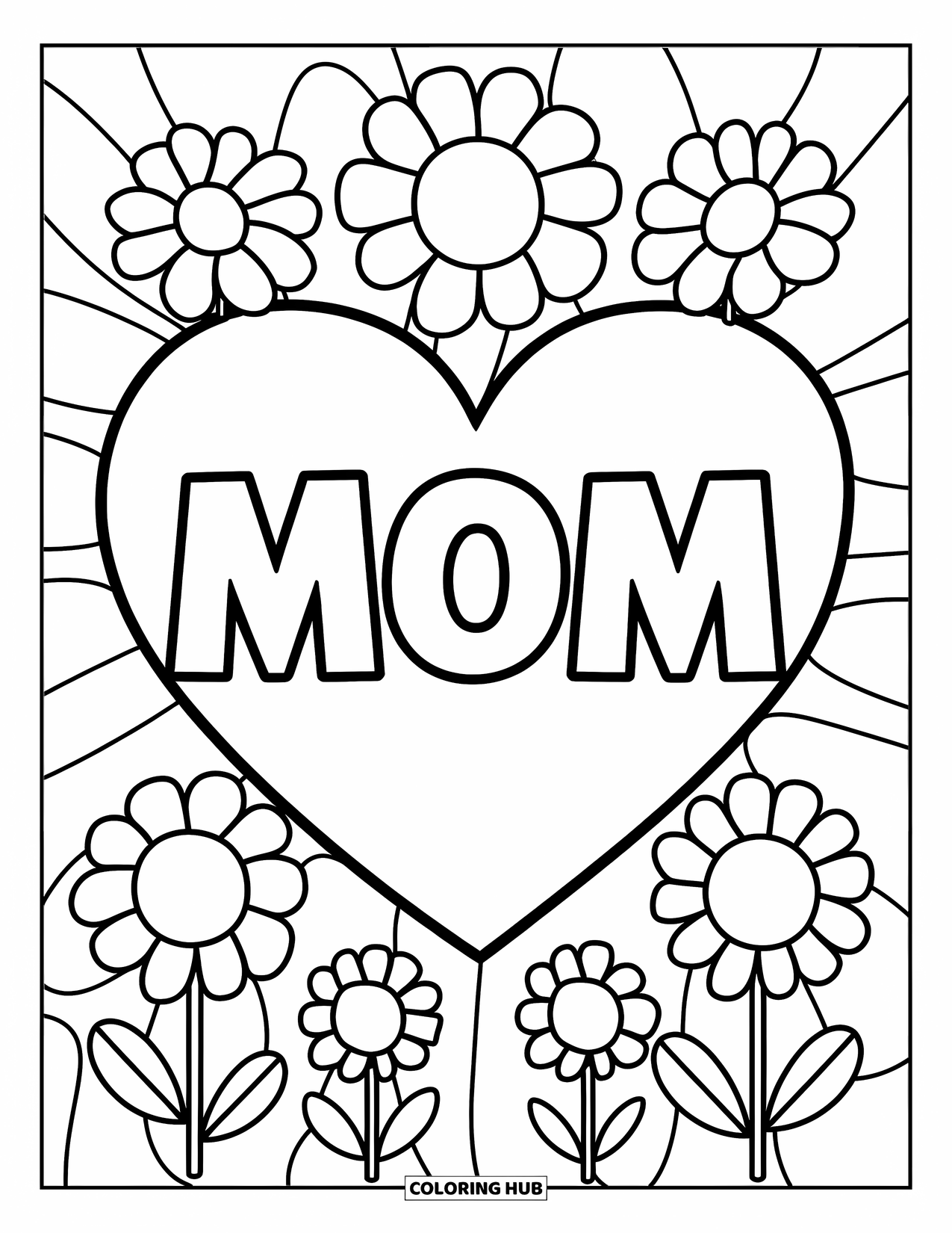 May Coloring Page for Kids: A heart with the word "Mom" is decorated with playful spring flowers