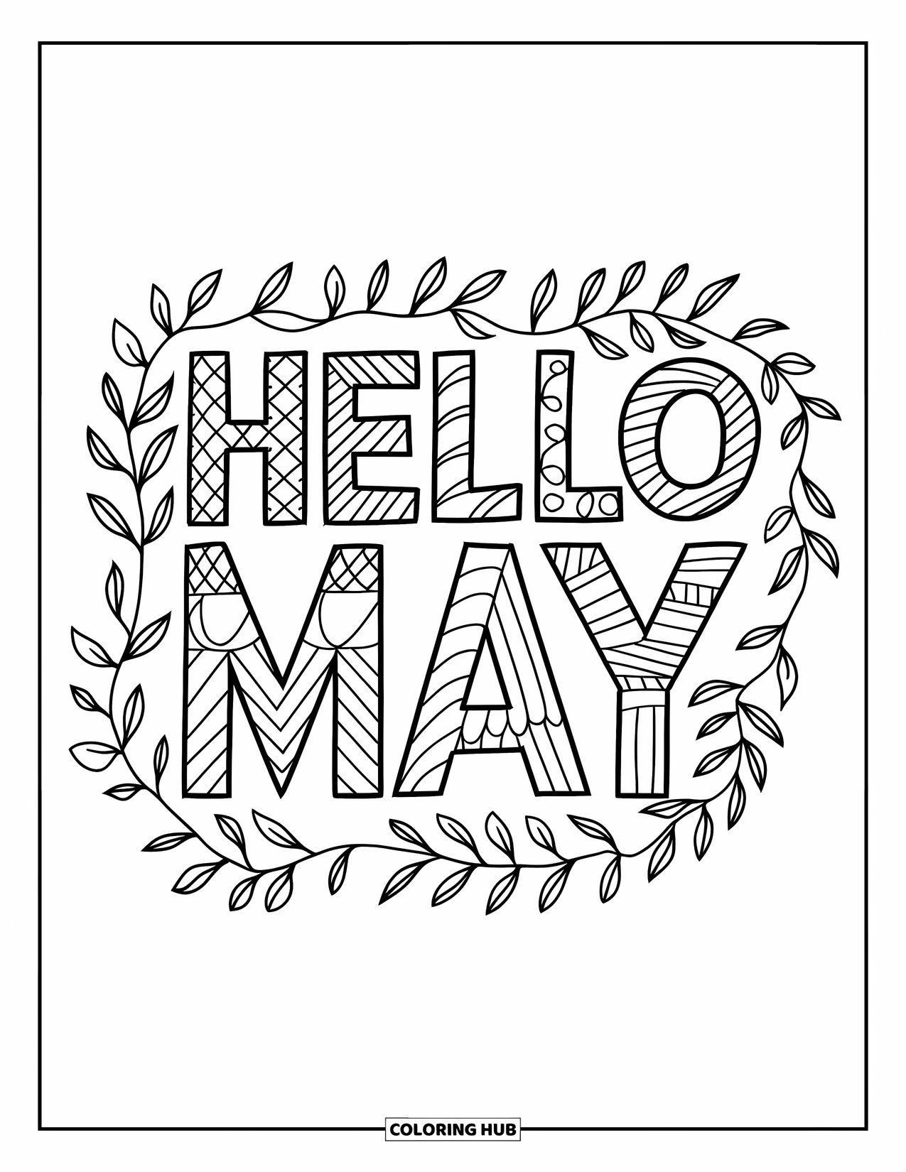 May Coloring Page for Kids: A "Hello May" sign is decorated with leafy vines and floral patterns