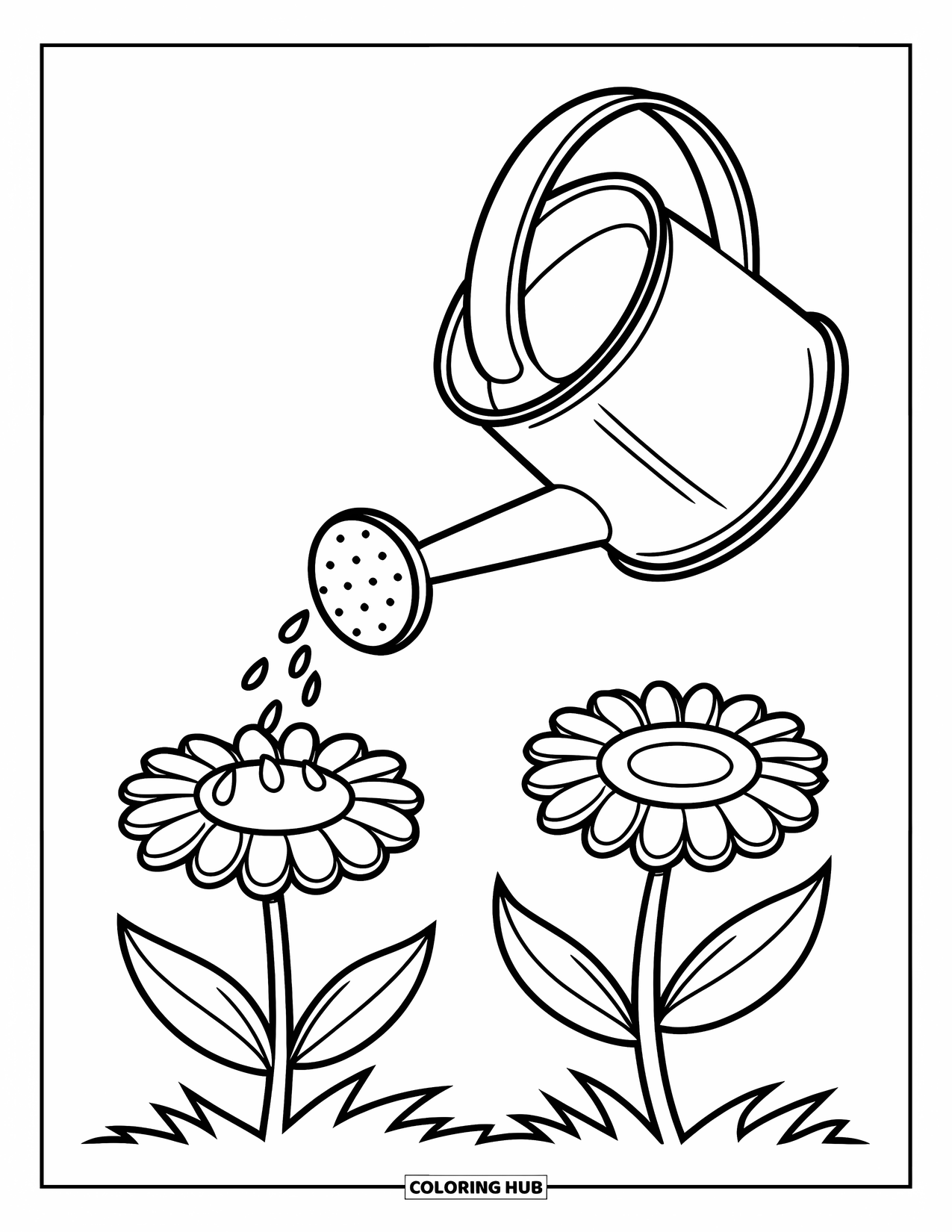 May Coloring Page for Kids: A large watering can pours water onto a single blooming flower