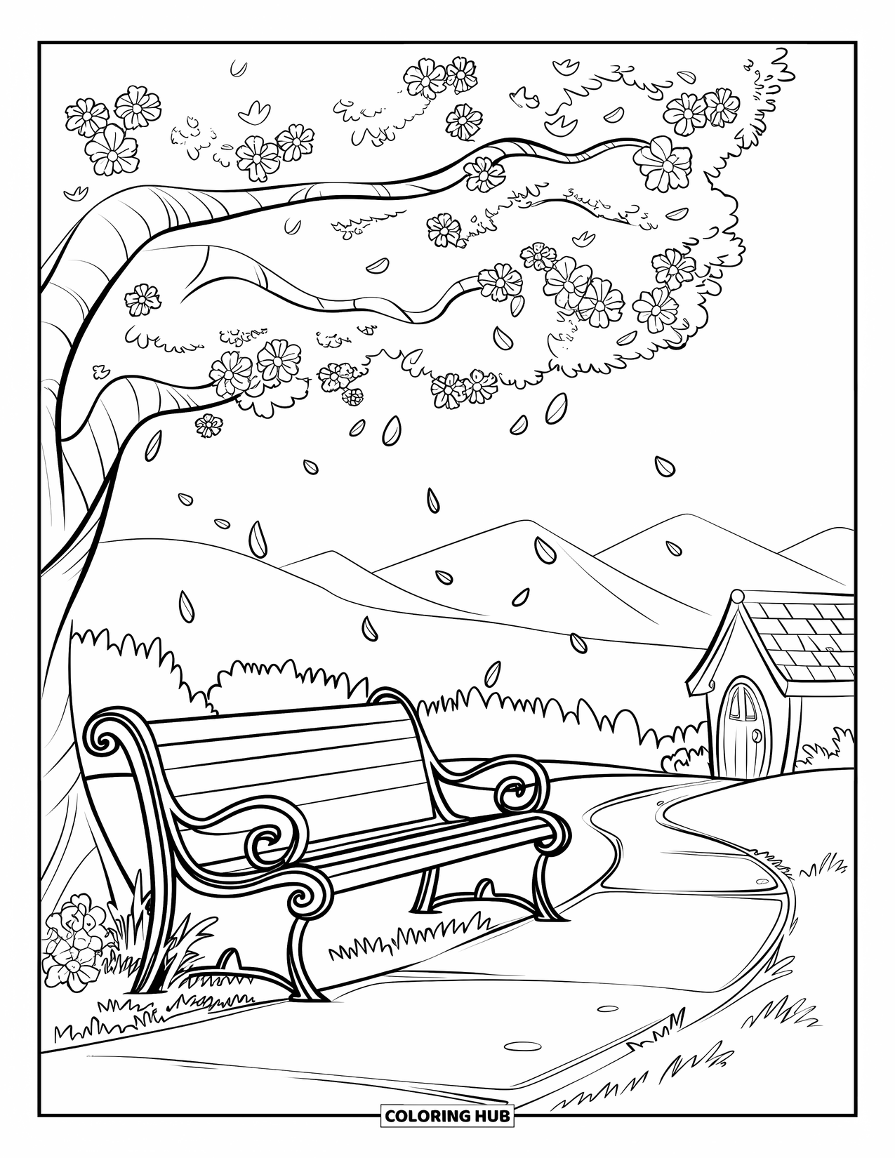 May Coloring Page for Kids: A peaceful bench rests under petals falling from a blooming tree