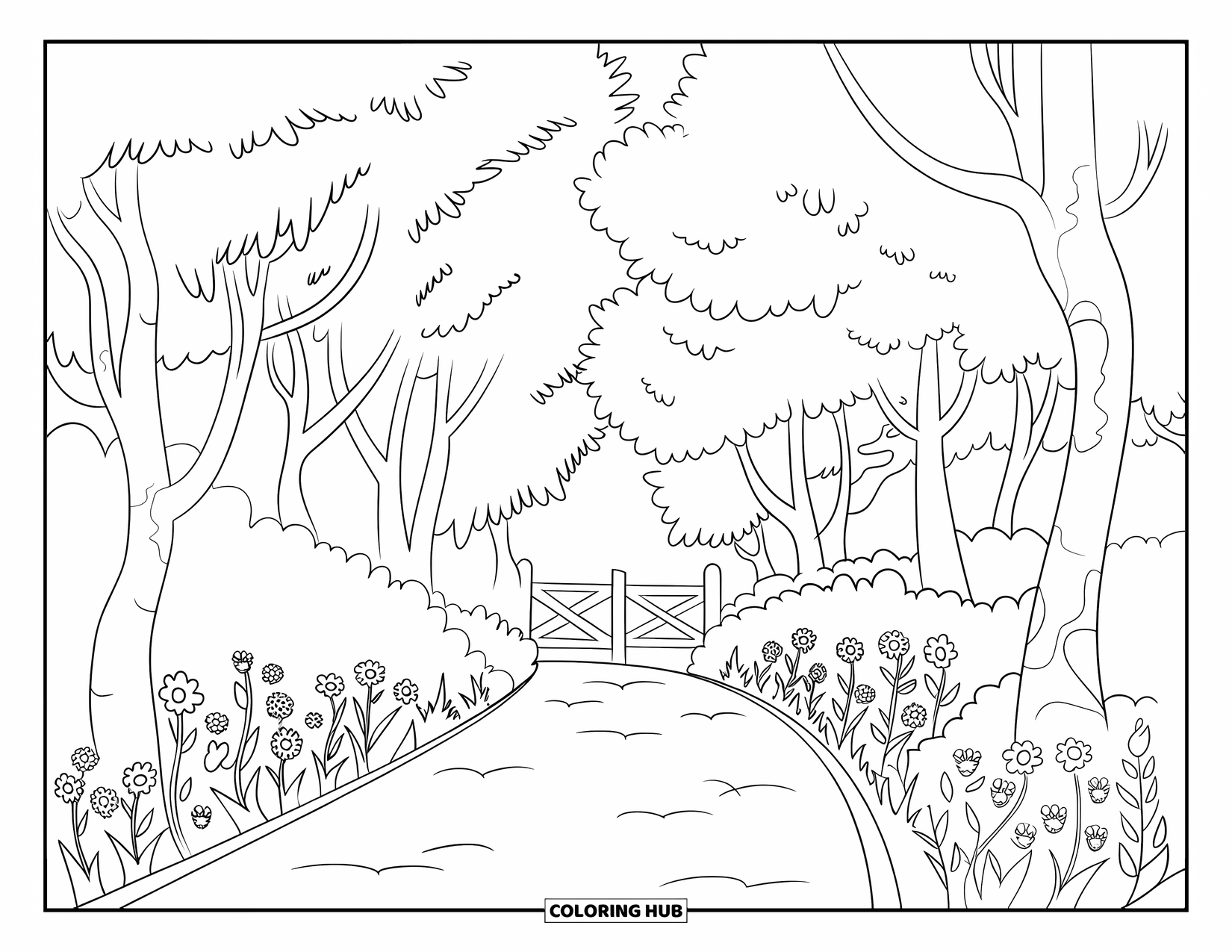 May Coloring Page for Kids: A peaceful forest bike path lined with flowers ends at a wooden gate
