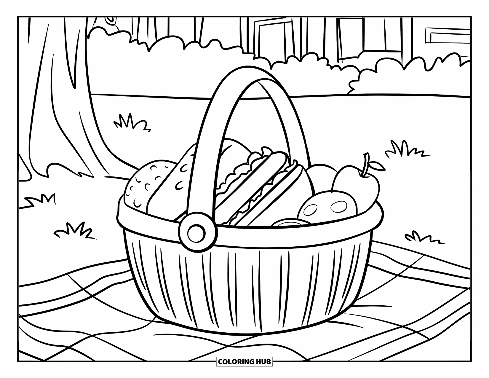 May Coloring Page for Kids: A picnic basket holds sandwiches and fruit beside a shady tree