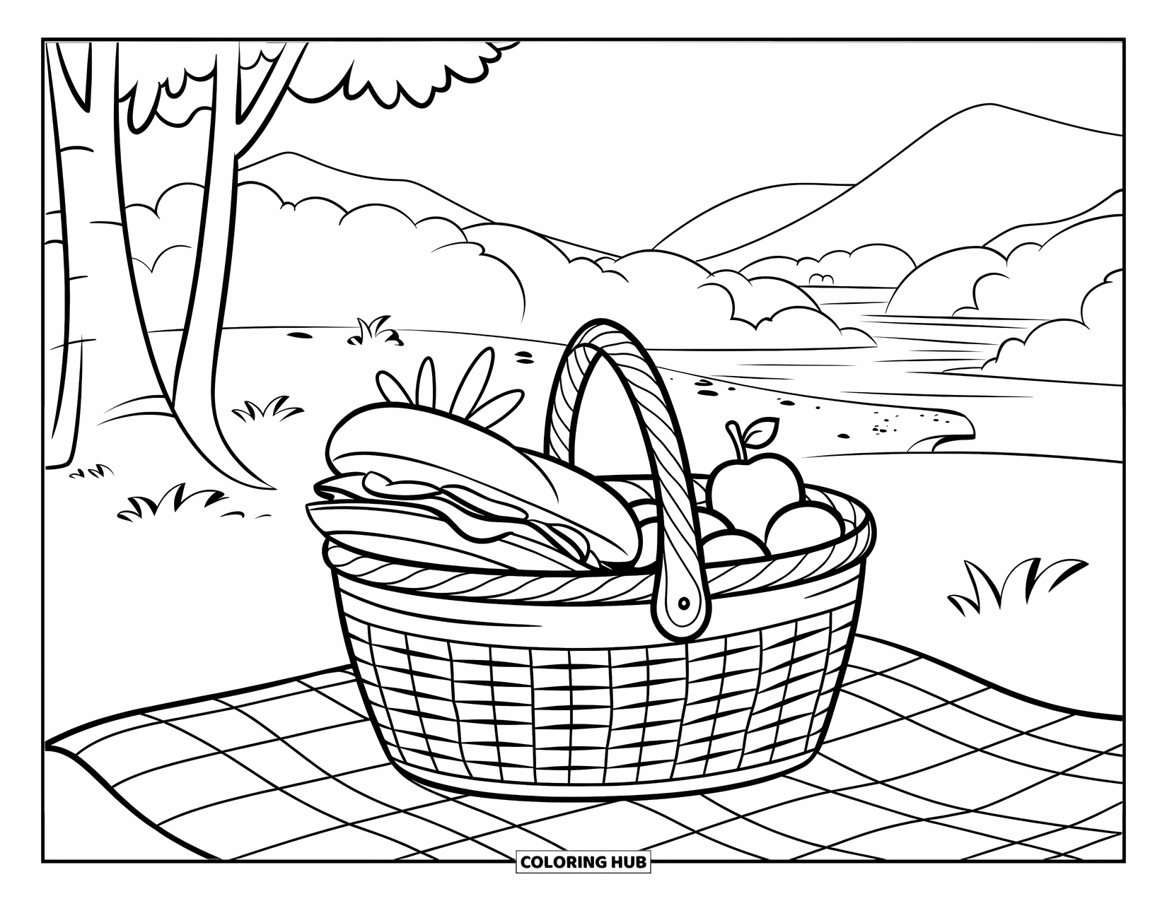May Coloring Page for Kids: A picnic basket with food rests on a checkered blanket near the river