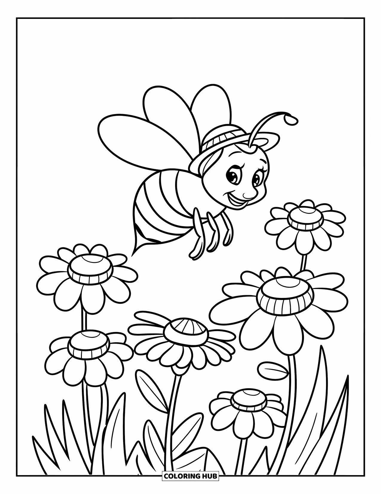 May Coloring Page for Kids: A smiling bee buzzes between five cheerful spring flowers