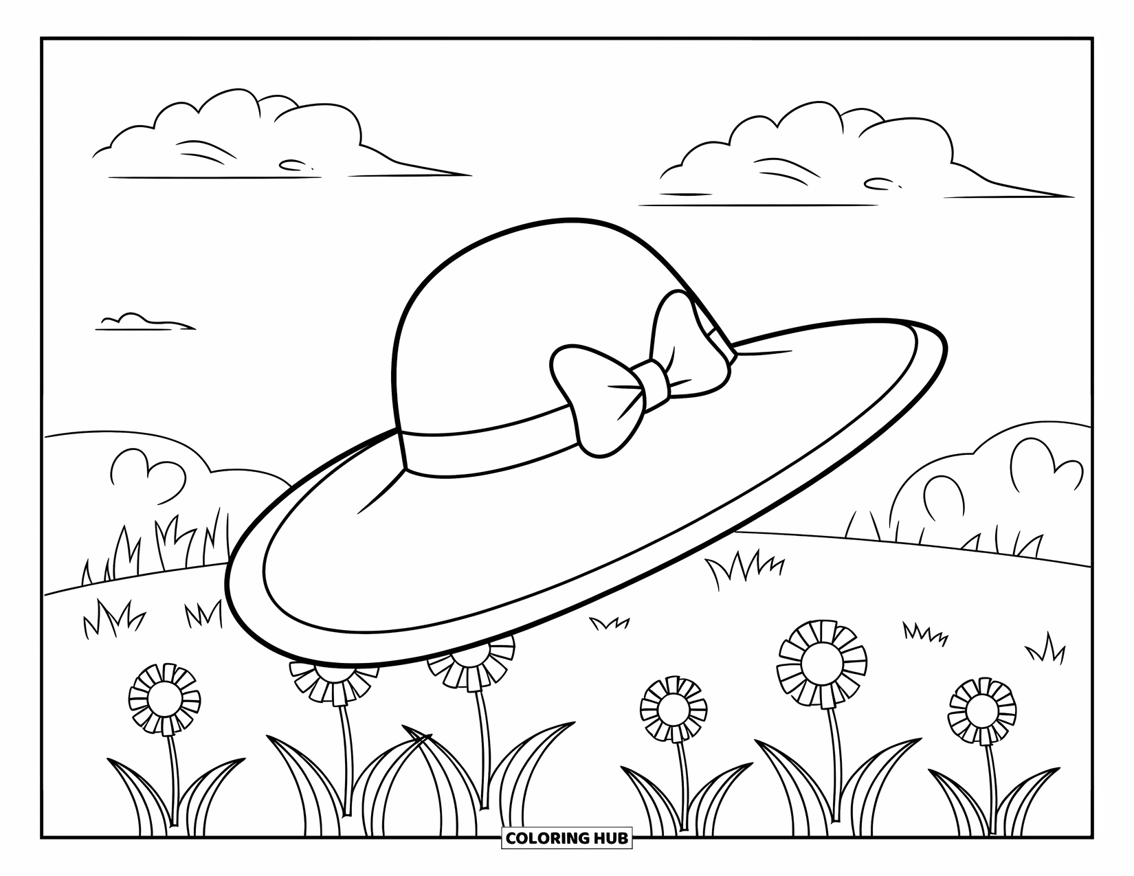 May Coloring Page for Kids: A spring hat with a bow rests on a field of flowers