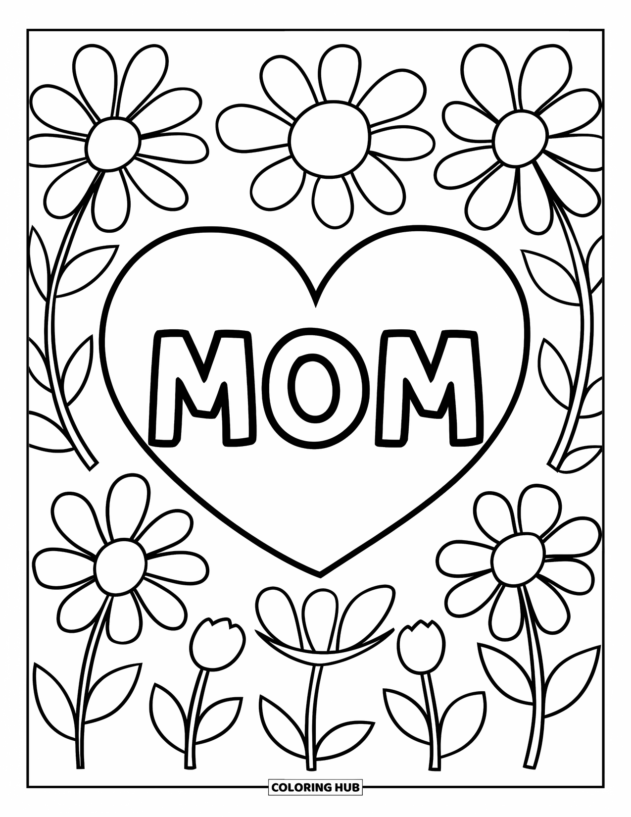 May Coloring Page for Kids: A sweet heart marked "Mom" is surrounded by cheerful flower petals