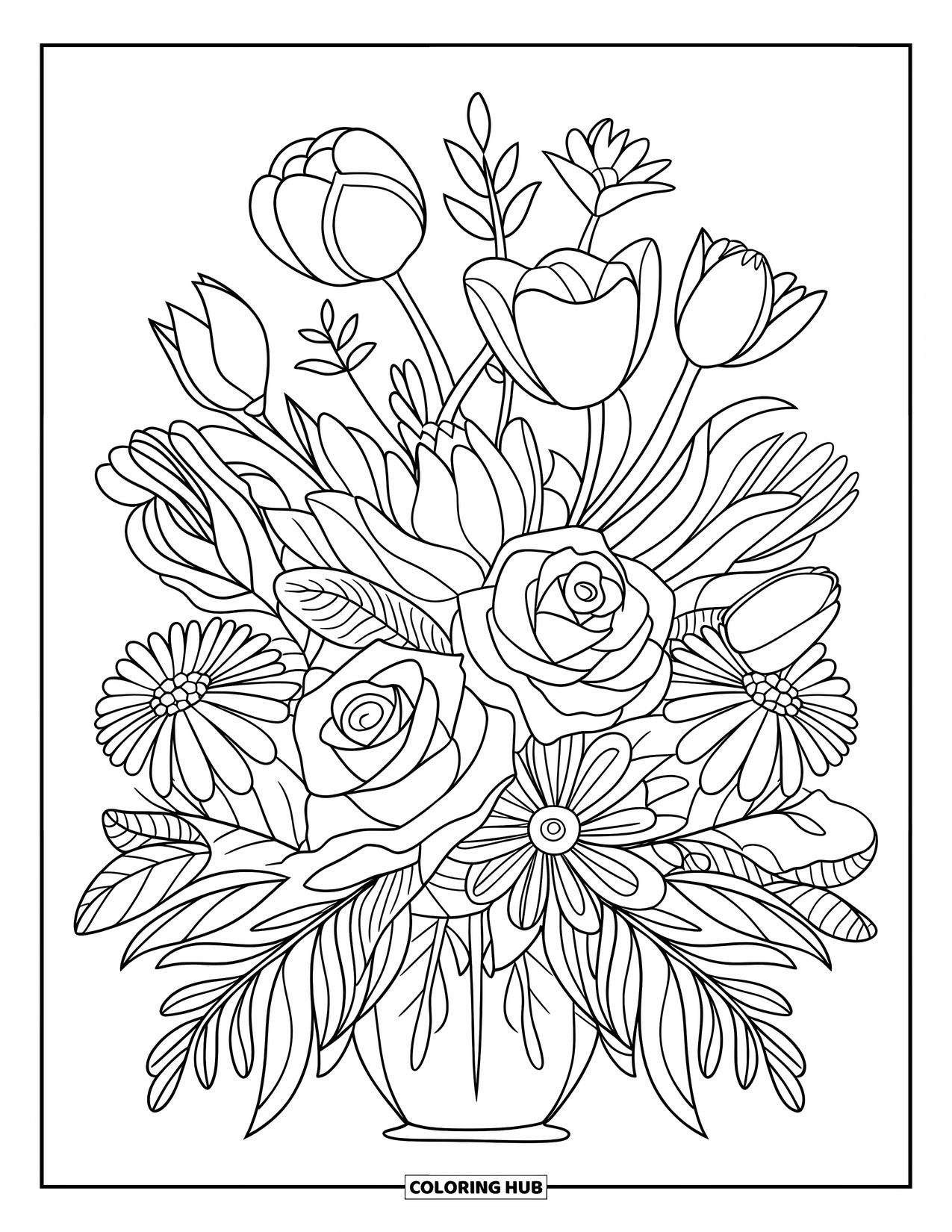 May Coloring Page for Kids: A vase of May flowers features roses, tulips, and patterned leaves