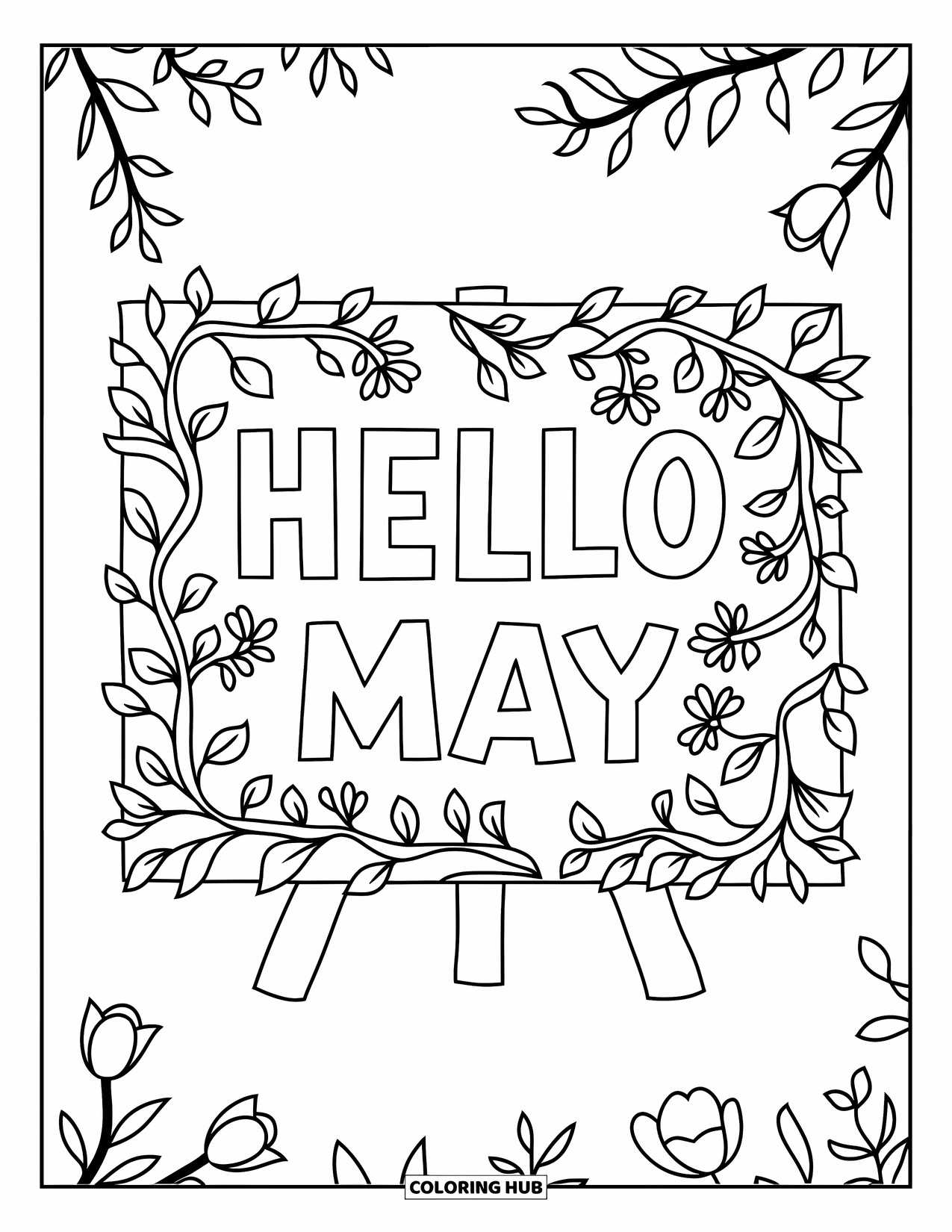 May Coloring Page for Kids: Floral vines curl around a charming Hello May sign on a wooden stand