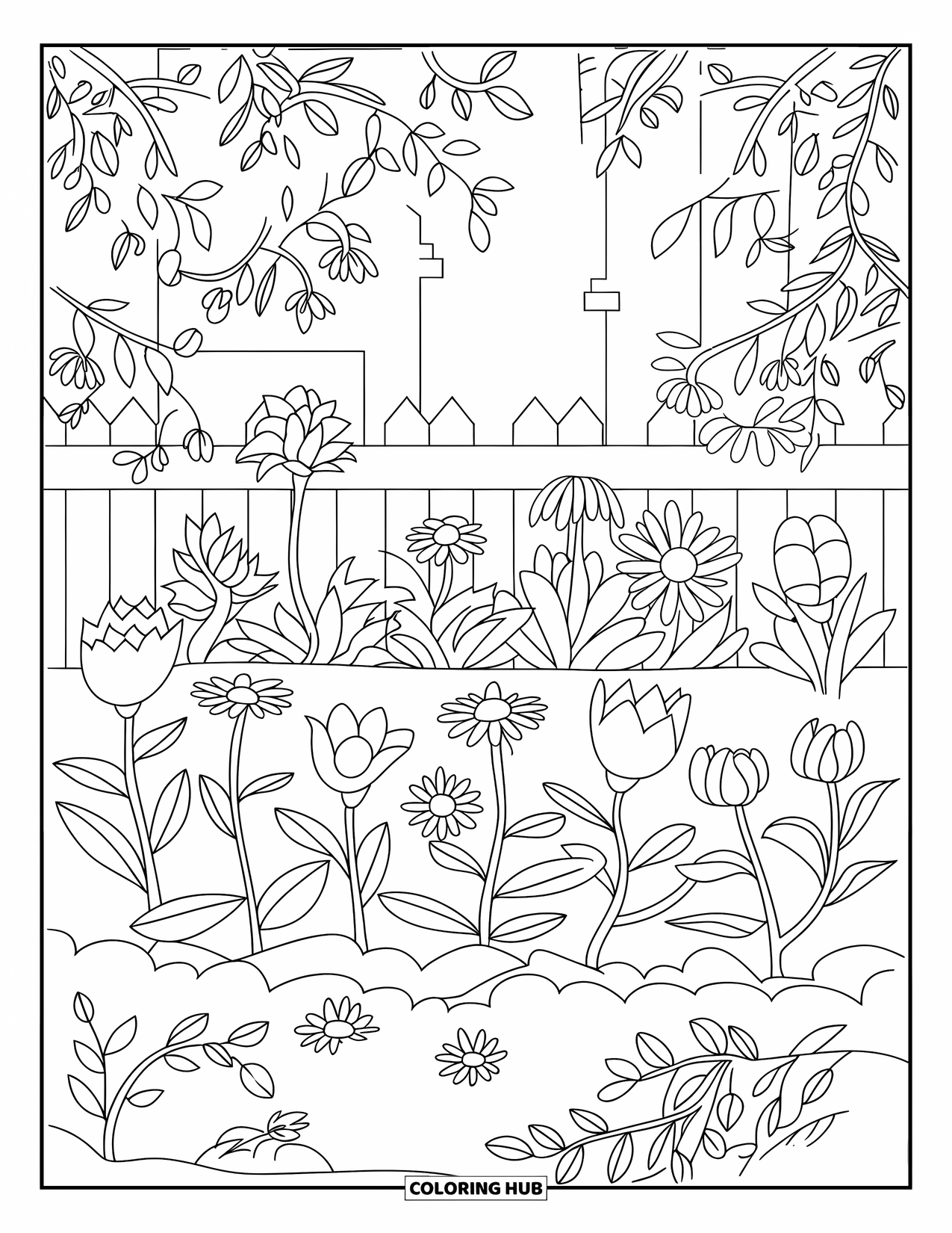 May Coloring Page for Kids: Layered spring flowers bloom beside a fence and garden cottage