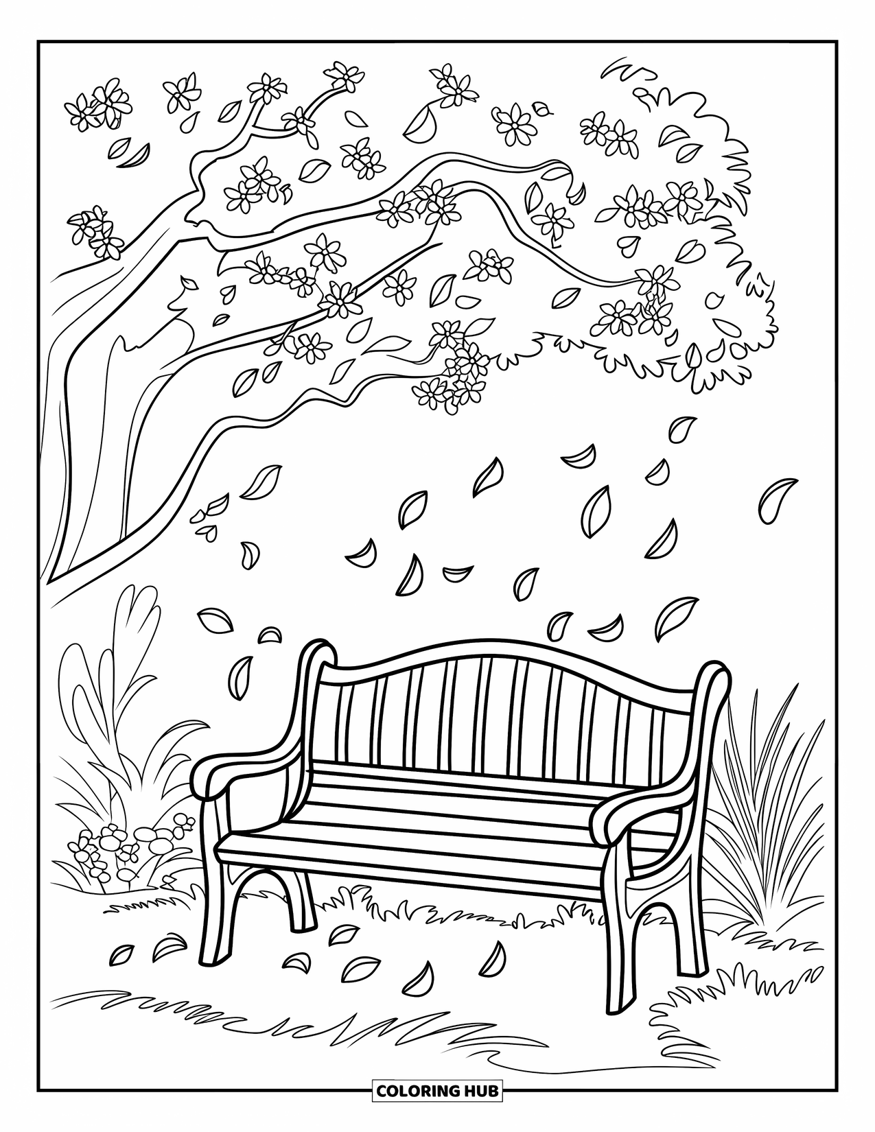 May Coloring Page for Kids: Petals fall gently over a quiet bench under a flowering tree