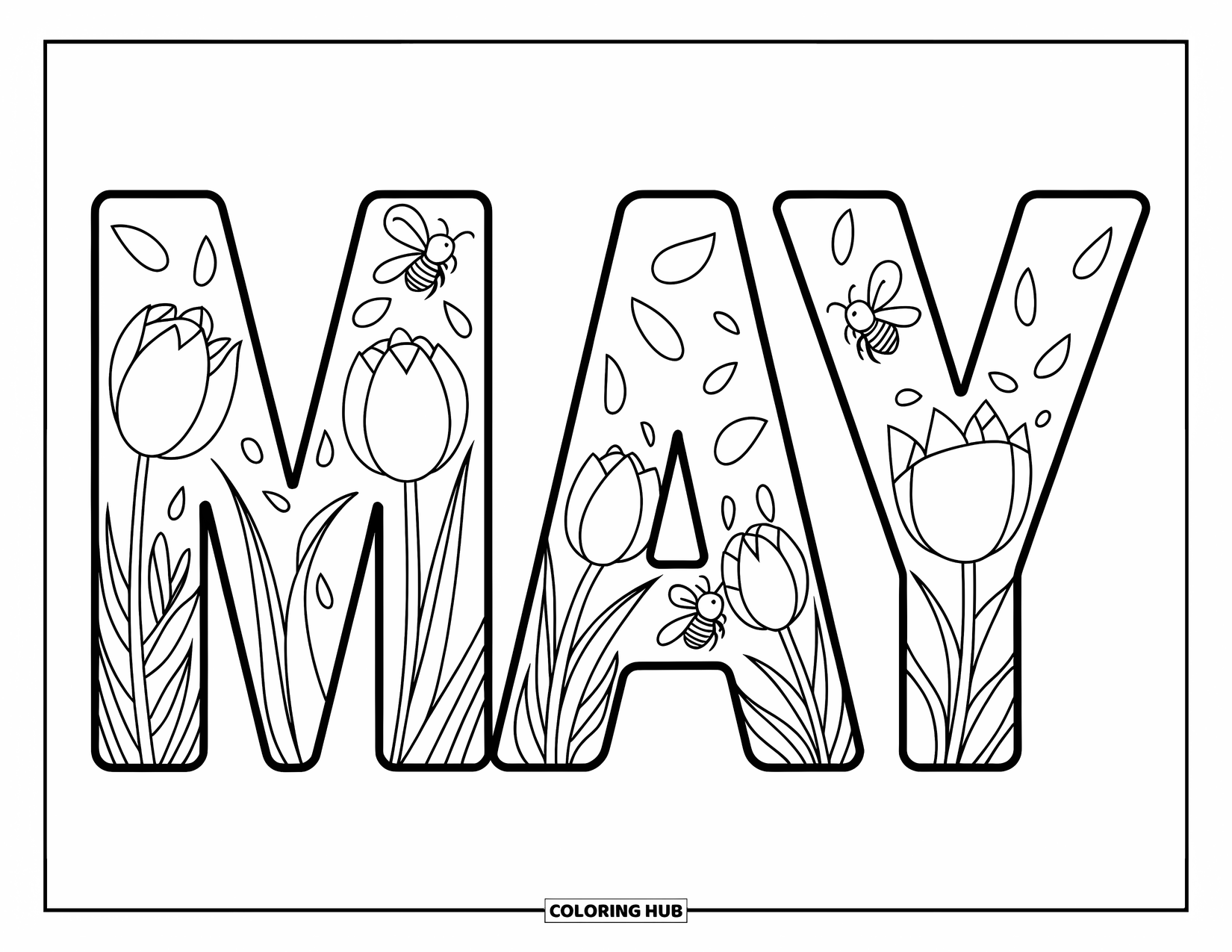 May Coloring Page for Kids: Tulips, bees, and petals swirl inside bold block letters spelling MAY