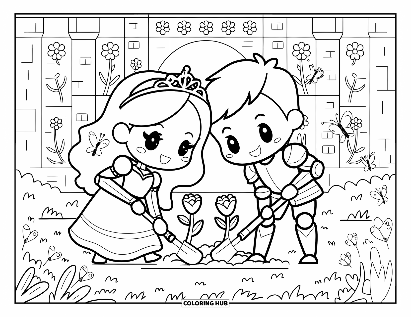 Medieval Coloring Page for Adults: A chibi knight and princess plant heart-shaped flowers with butterflies fluttering nearby