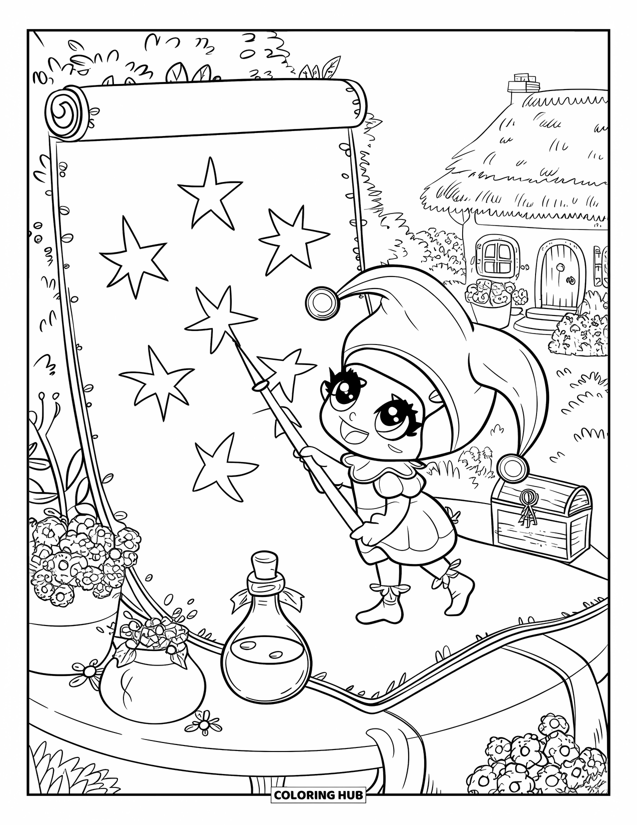 Medieval Coloring Page for Adults: A jester paints stars on a scroll in a cozy garden with flowers and cottage nearby