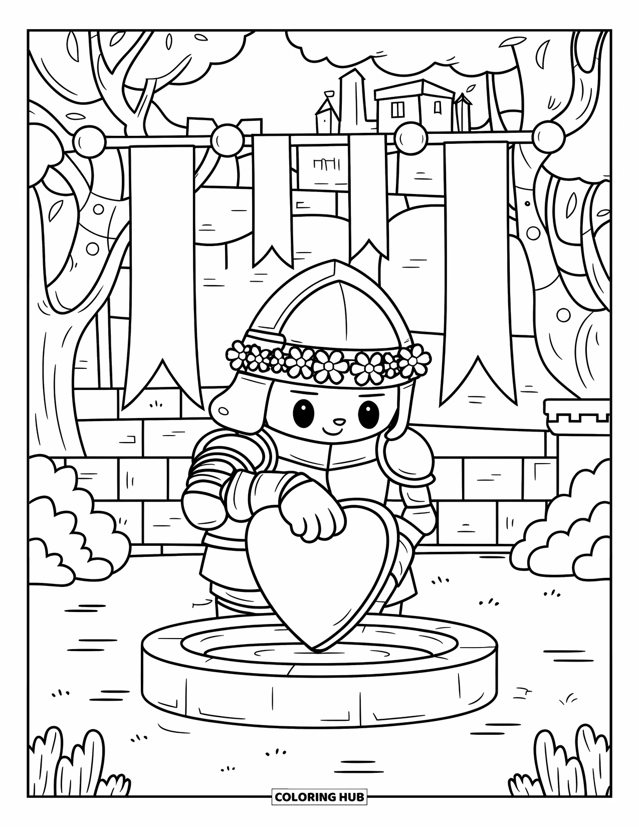 Medieval Coloring Page for Adults: A kawaii knight polishes a heart shield by a fountain with banners and trees