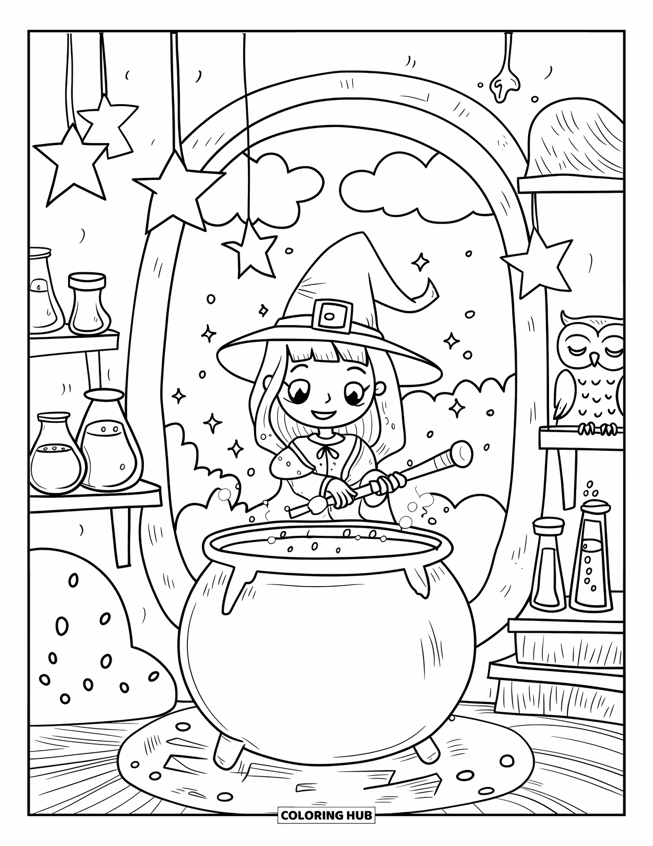 Medieval Coloring Page for Adults: A kawaii sorceress waves her wand over a cauldron with clouds and stars nearby