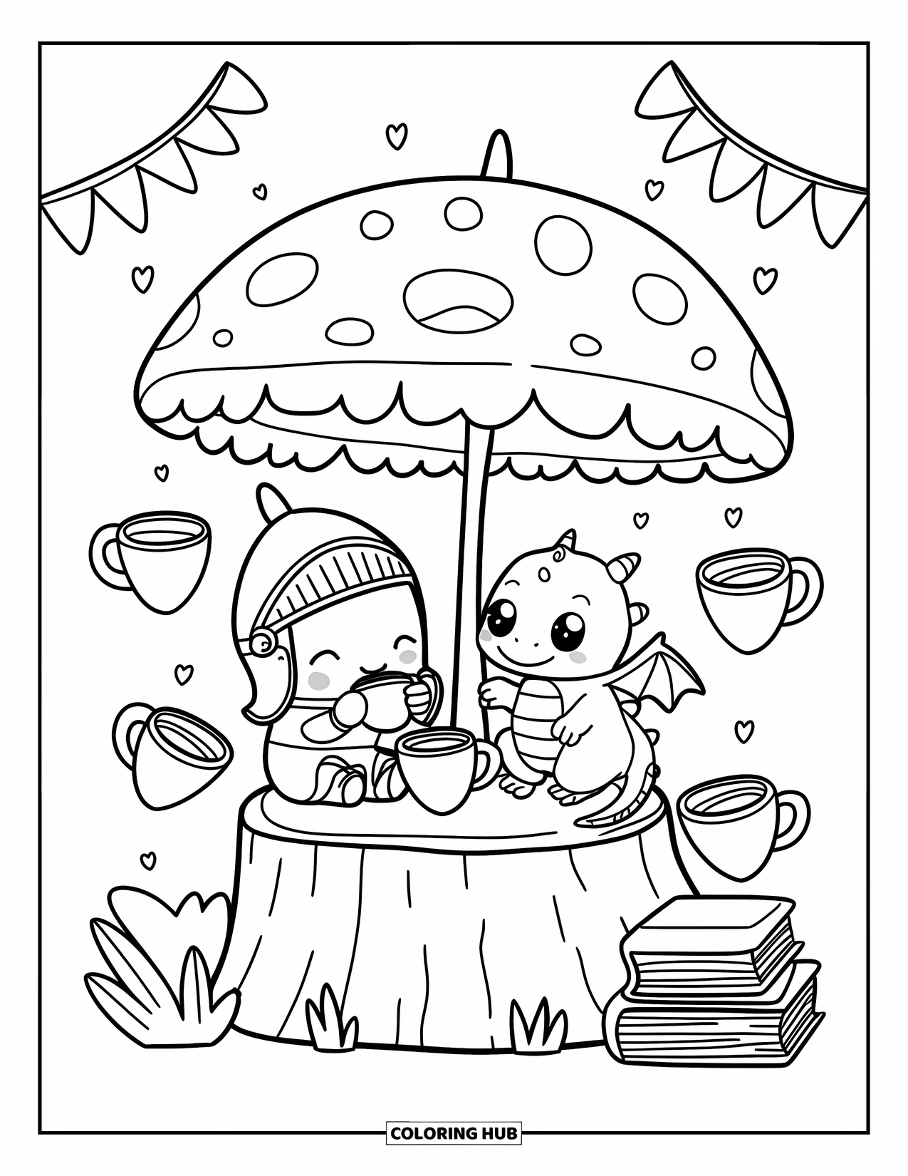 Medieval Coloring Page for Adults: A knight and dragon enjoy tea under a mushroom shade with heart cups and stacked books