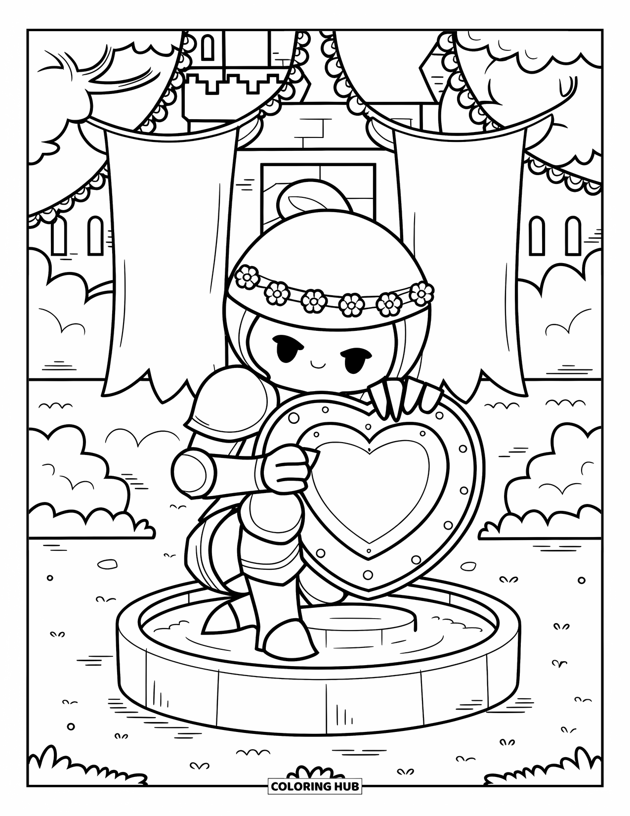 Medieval Coloring Page for Adults: A knight with flower garlands shines a heart shield near a fountain and draped banners