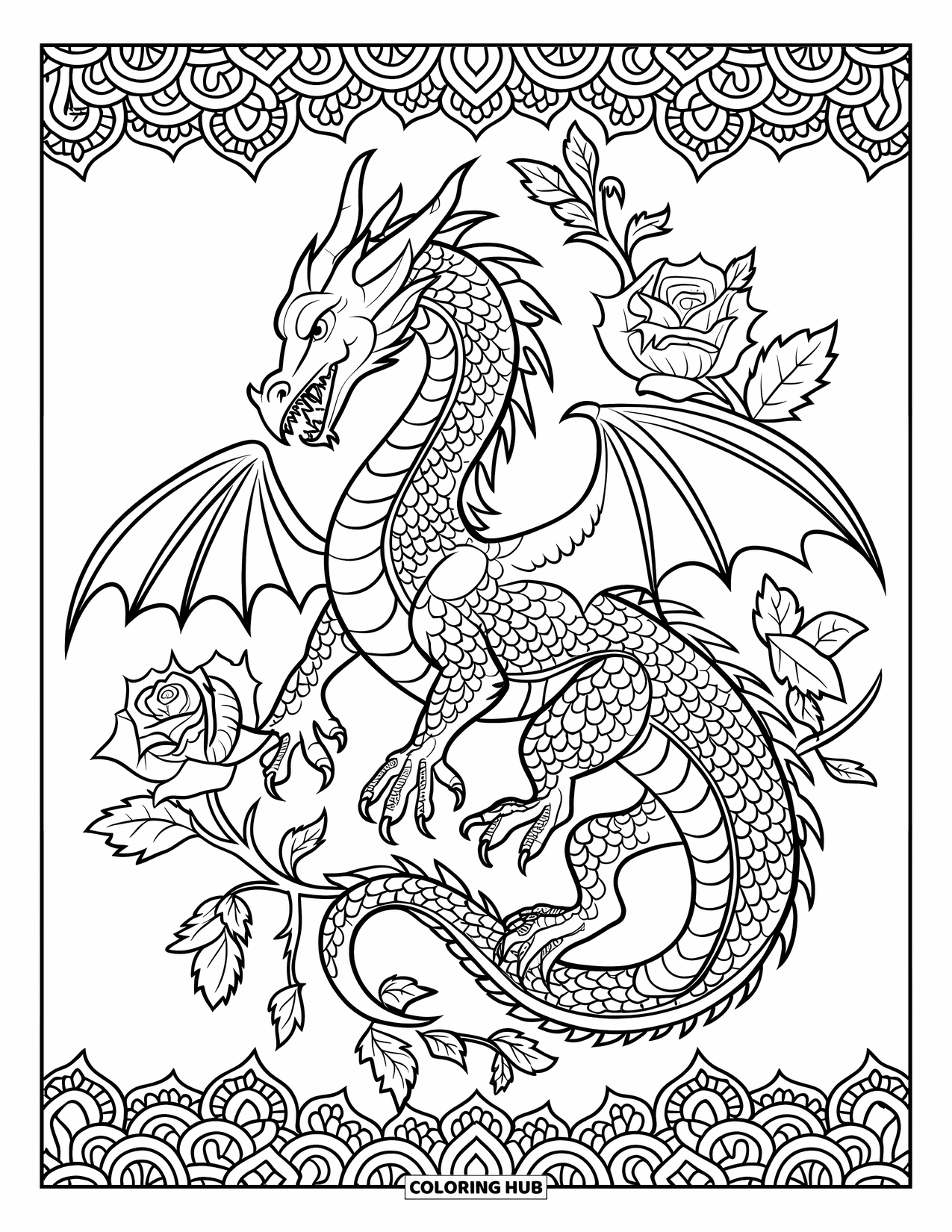 Medieval Coloring Page for Adults: A mandala-style dragon with roses and ivy wrapped around its wings and body