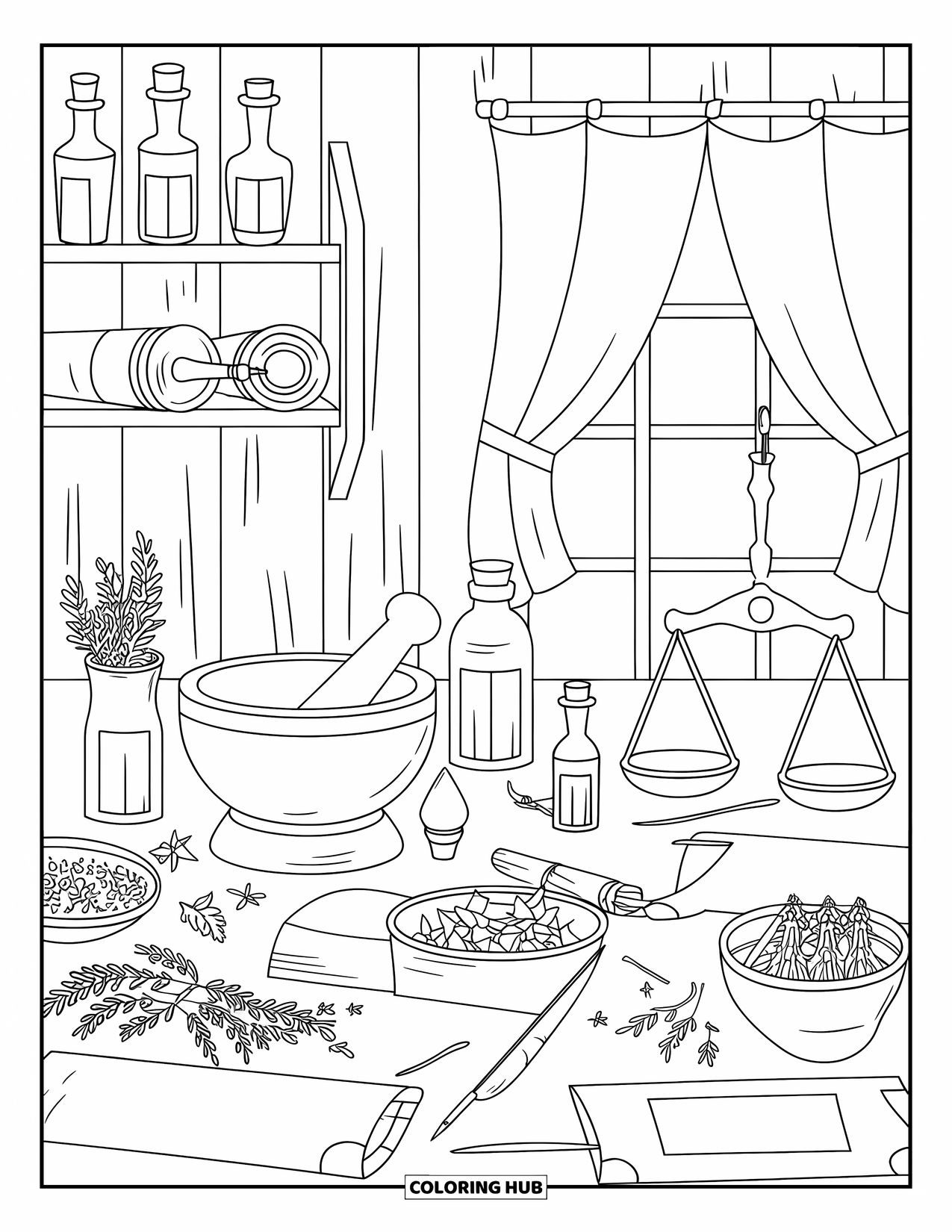 Medieval Coloring Page for Adults: A medieval herbalist's desk with potion bottles, herbs, scrolls, and wooden shelves