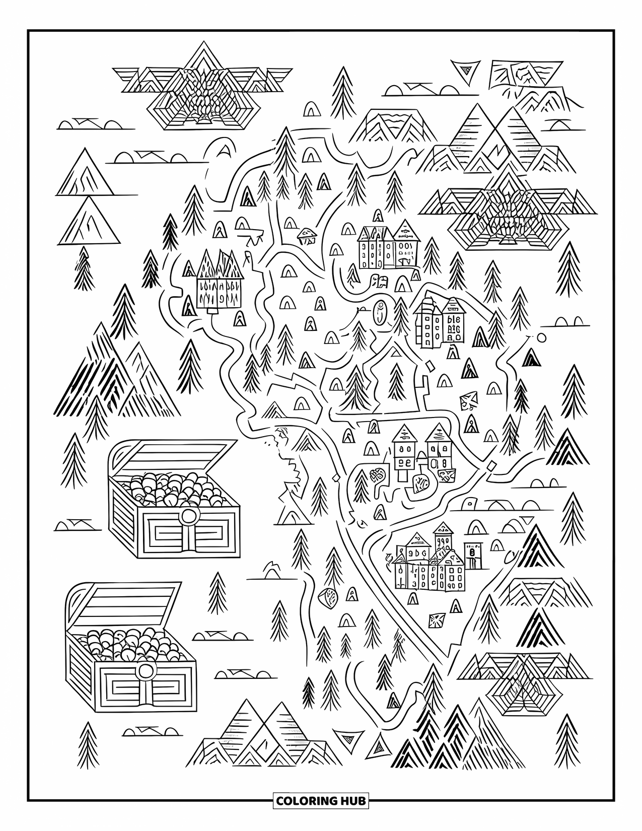 Medieval Coloring Page for Adults: A medieval map spread filled with towns, forests, treasure chests, and detailed patterns