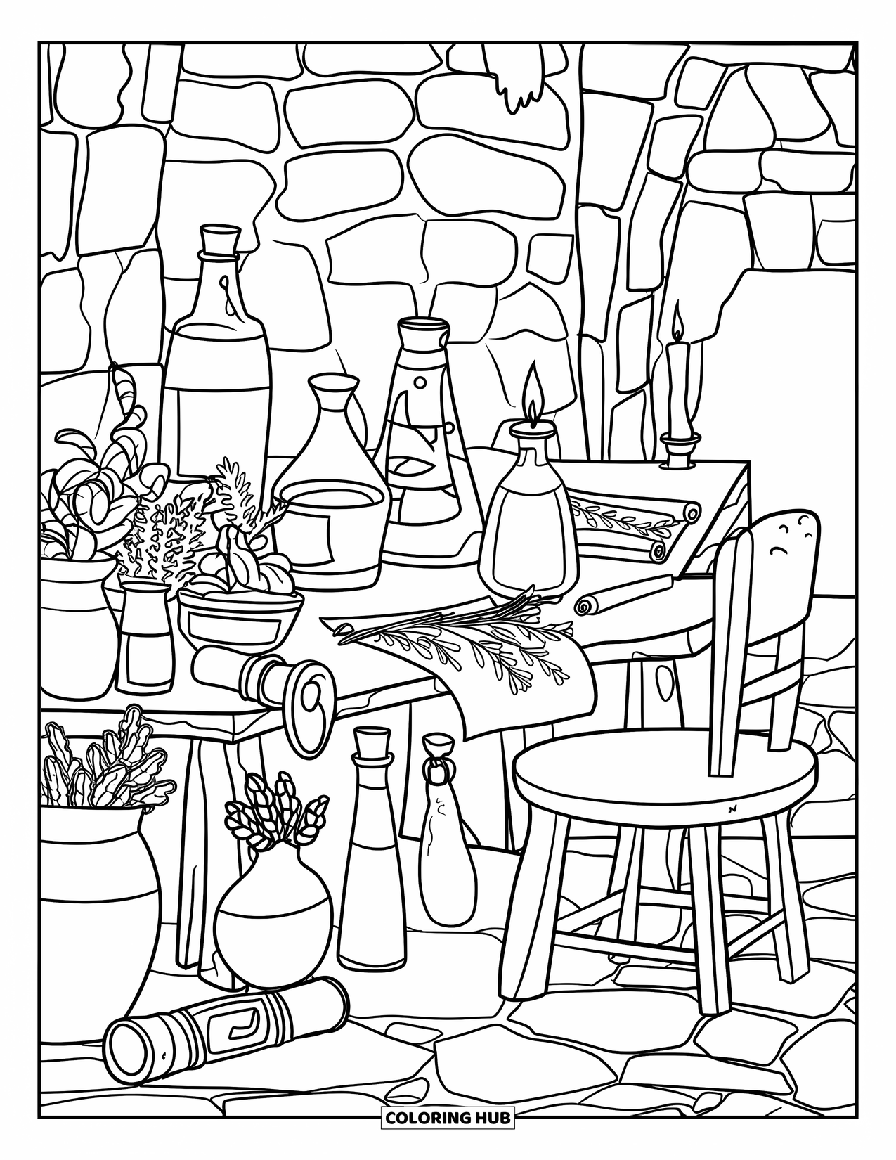 Medieval Coloring Page for Adults: A rustic workspace with labeled potions, herbs, scrolls, and a stone floor