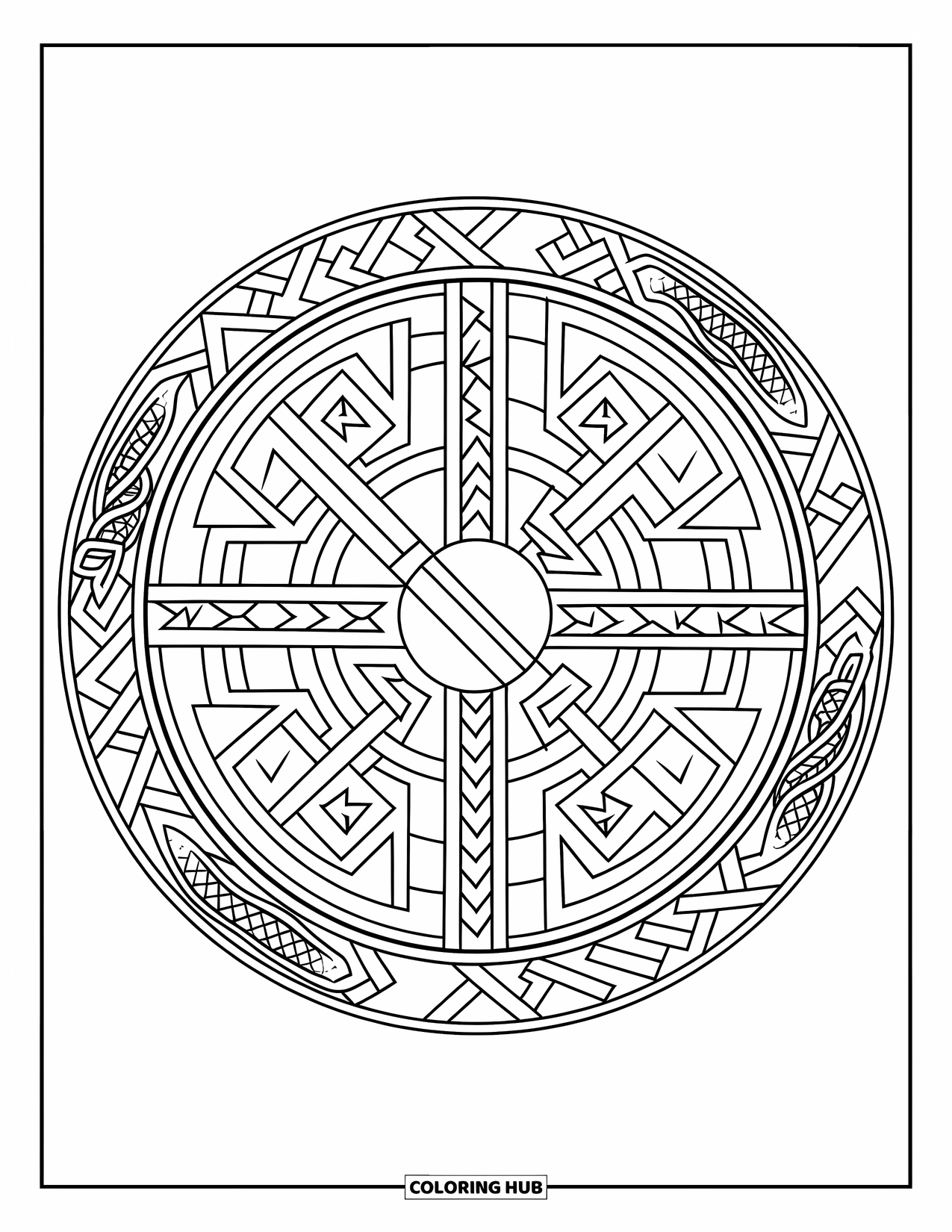 Medieval Coloring Page for Adults: A shield with runes, triangles, and twisting animal shapes bordered by an ornate design