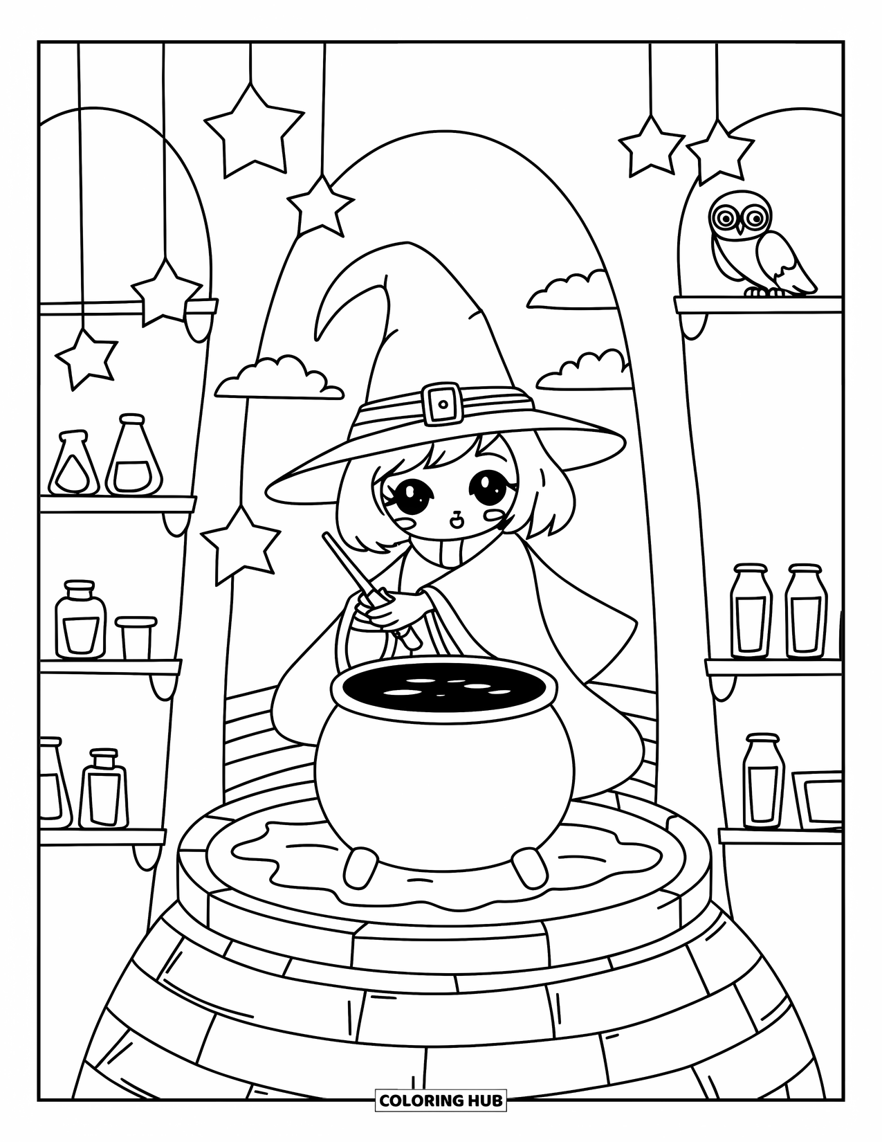 Medieval Coloring Page for Adults: A smiling sorceress stirs spells near stars, potions, and a snoozing owl by the window