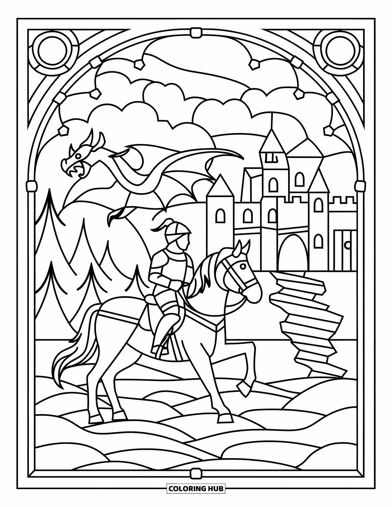 Medieval Coloring Page for Adults: A stained-glass scene with a knight, dragon, and castle in a mythical landscape