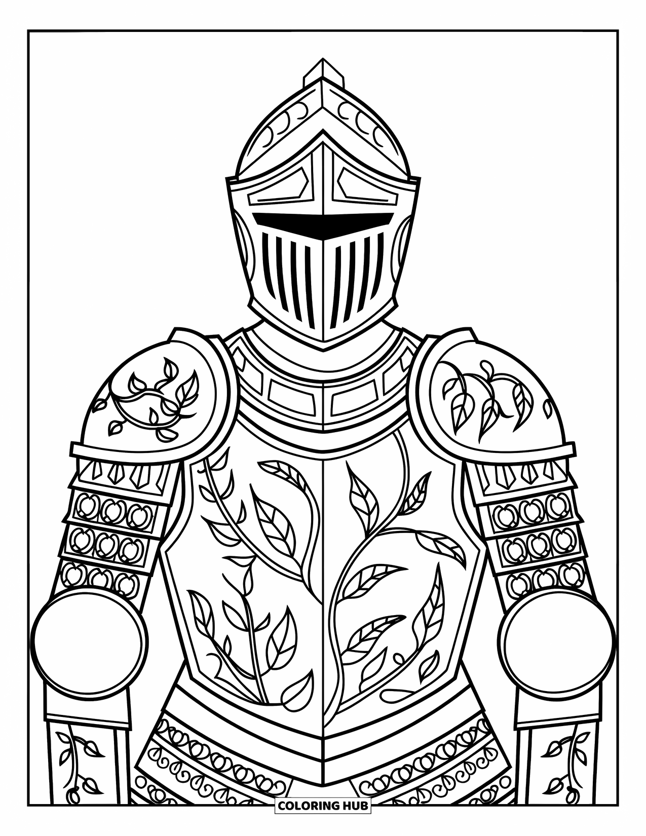 Medieval Coloring Page for Adults: Ceremonial armor featuring vine designs and detailed leafy patterns