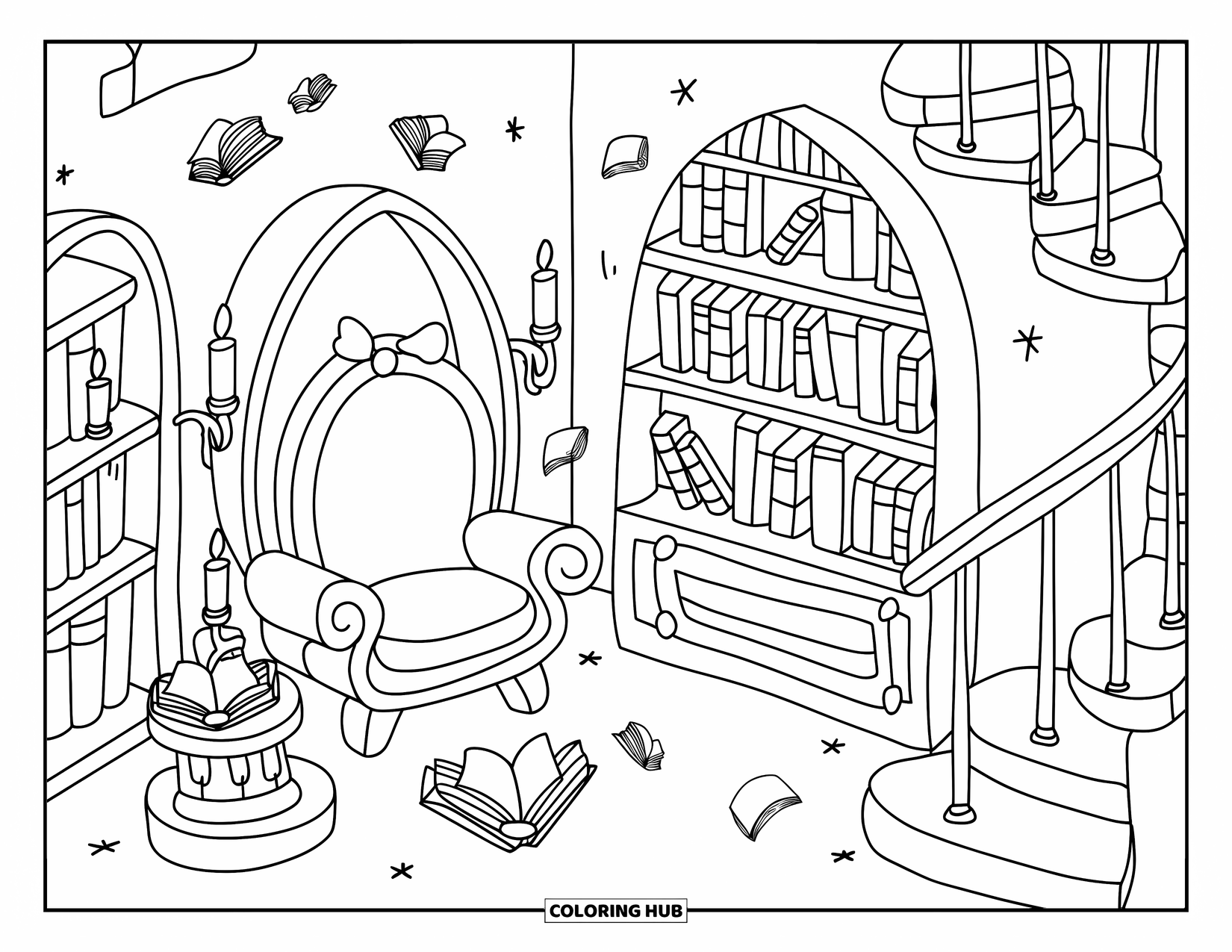 Medieval Coloring Page for Adults: Floating books and a happy book light up a magical reading spot in the castle