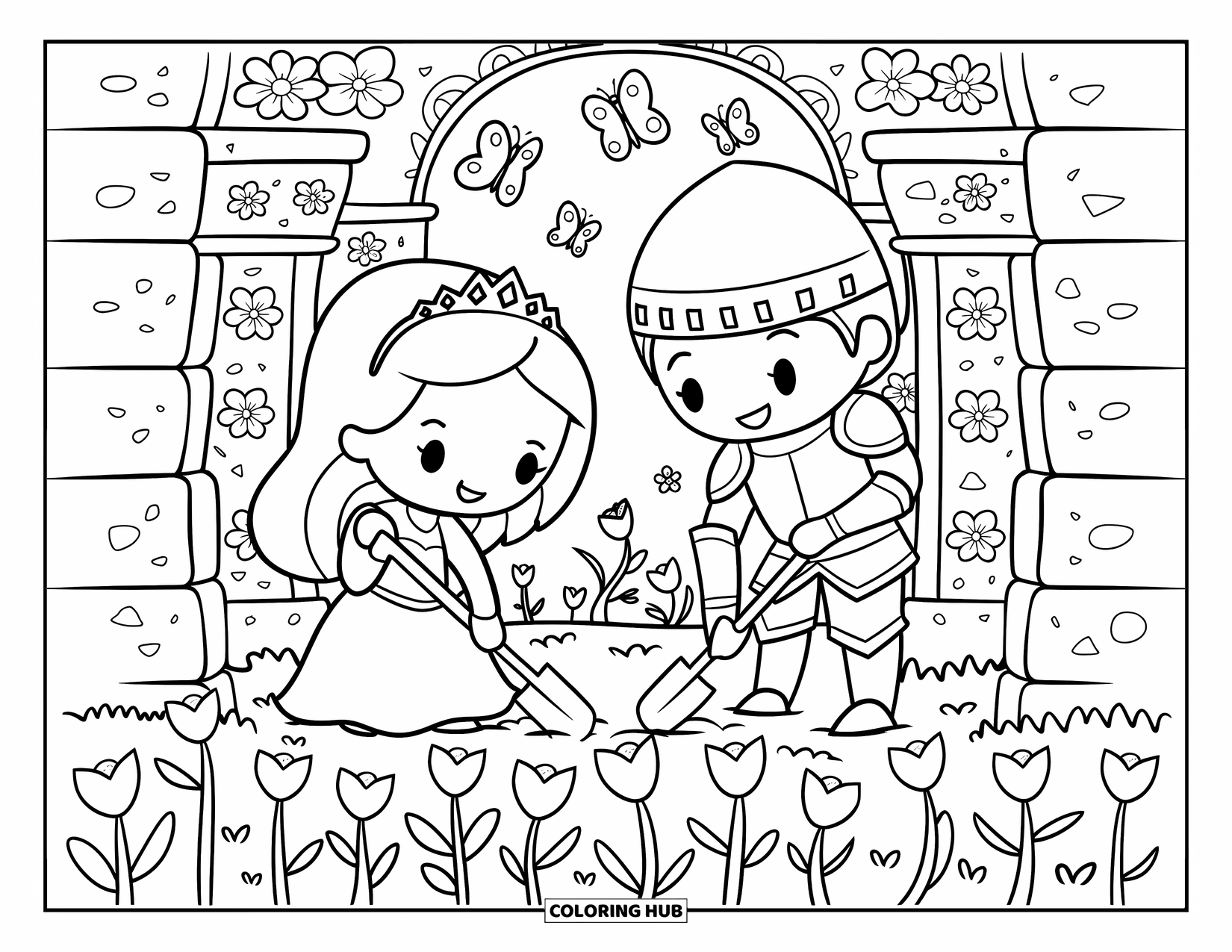 Medieval Coloring Page for Adults: Knight and princess planting heart-shaped flowers beside castle walls with fluttering butterflies
