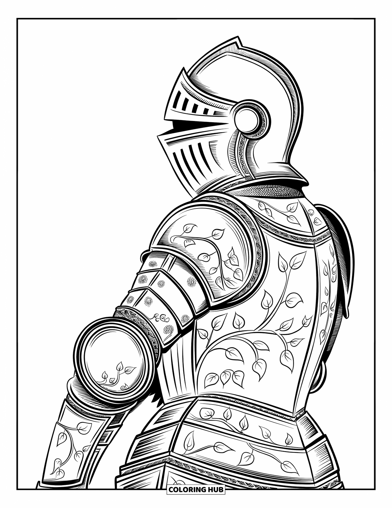 Medieval Coloring Page for Adults: Side view of ornate knight armor wrapped in leaf-covered vines