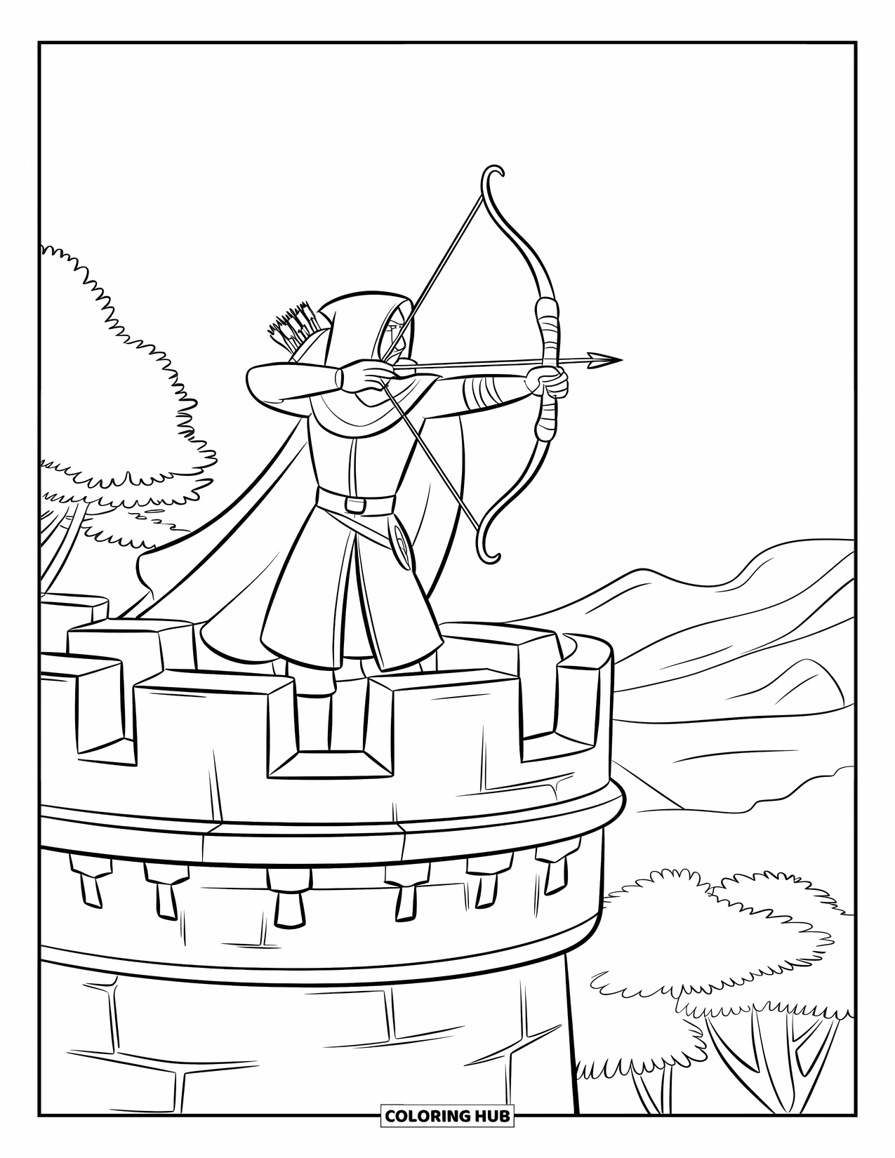 Medieval Coloring Page for Kids: A bearded archer on a tower rooftop takes aim at mountains beyond