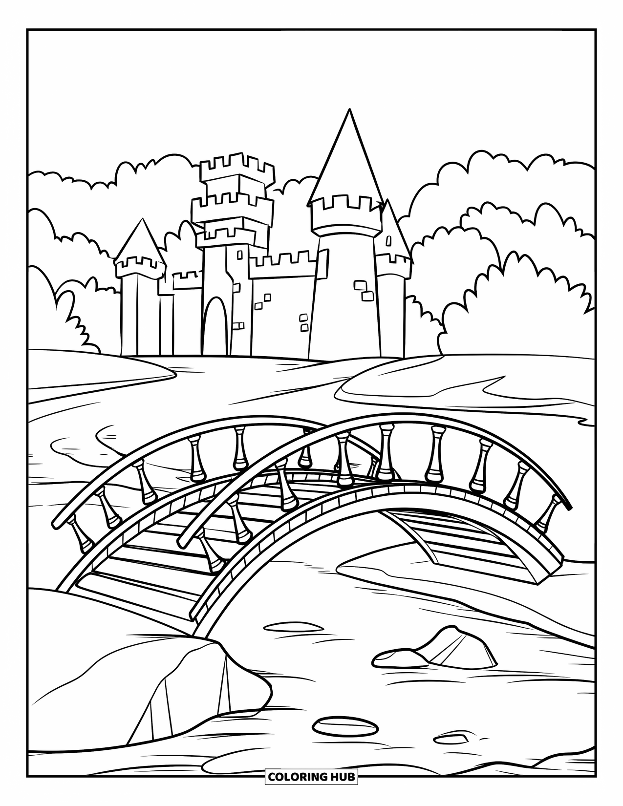 Medieval Coloring Page for Kids: A bridge with planks and railings spans a river near a multi-tower stone castle