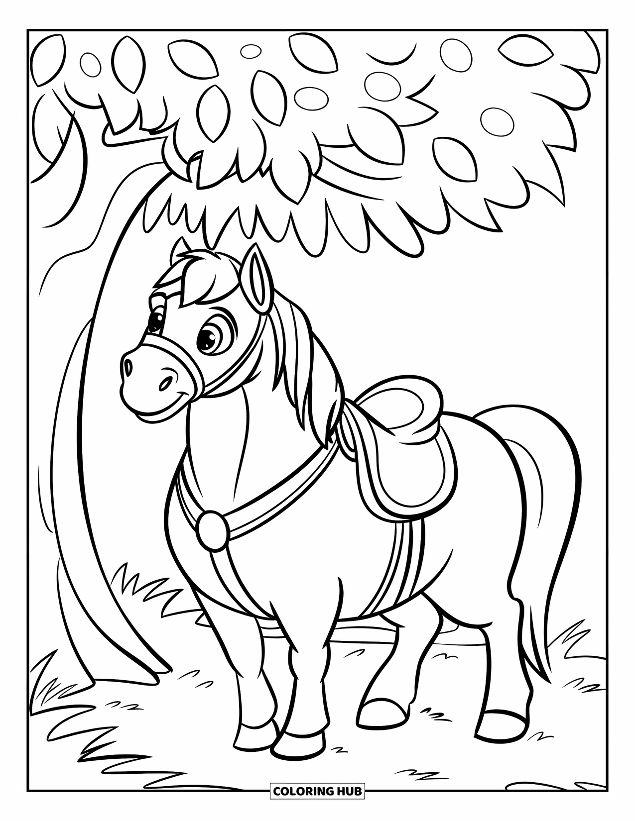 Medieval Coloring Page for Kids: A chubby horse with a small saddle stands by a tree in a grassy field