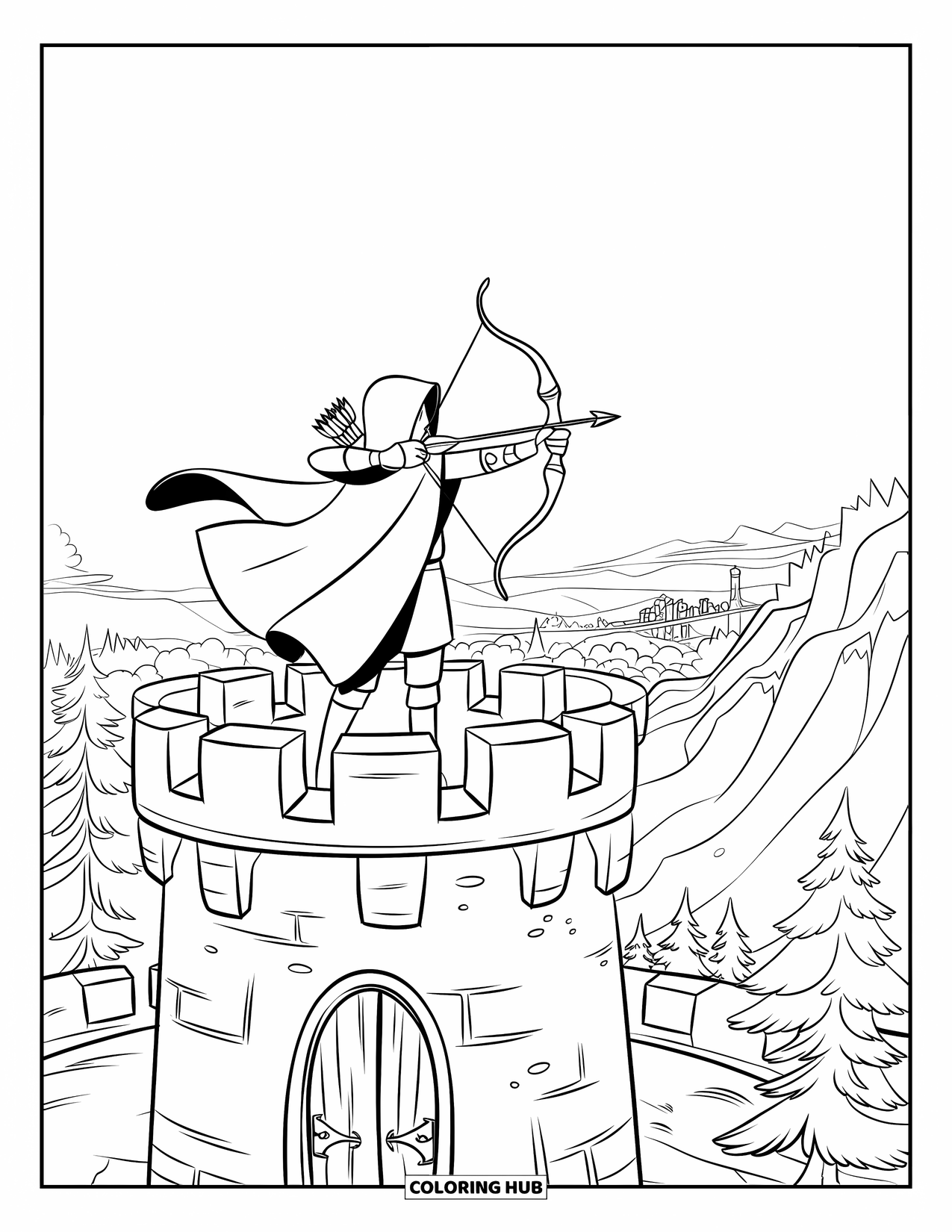 Medieval Coloring Page for Kids: A cloaked archer stands on a stone tower, aiming at a distant city and trees