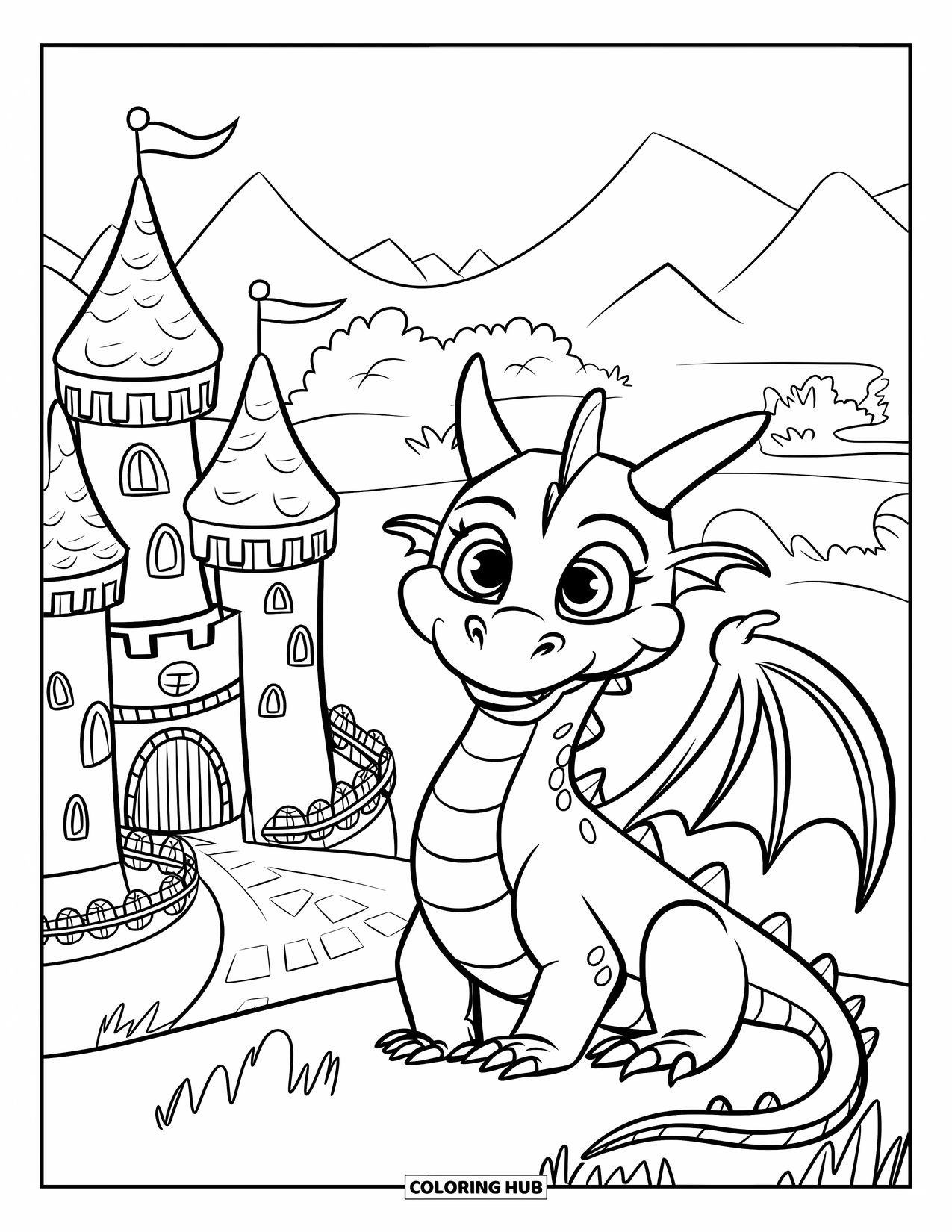 Medieval Coloring Page for Kids: A friendly dragon with a crown sits beside a castle near trees and mountains