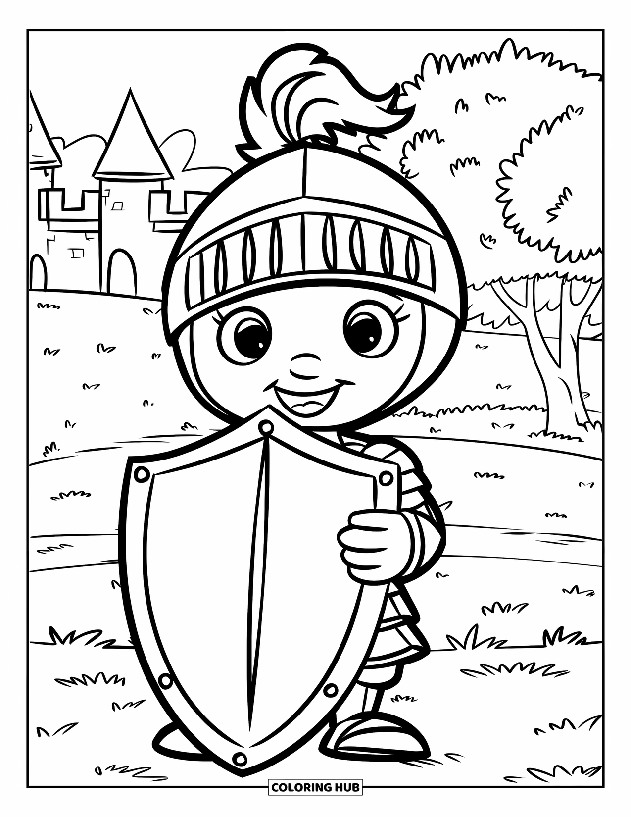 Medieval Coloring Page for Kids: A happy knight stands in the grass holding a big shield and smiling