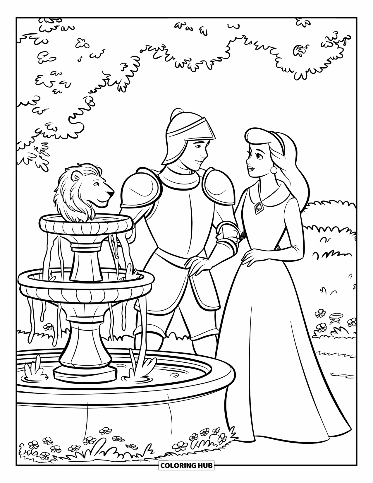 Medieval Coloring Page for Kids: A knight and princess stand beside a lion-shaped fountain in a blooming garden