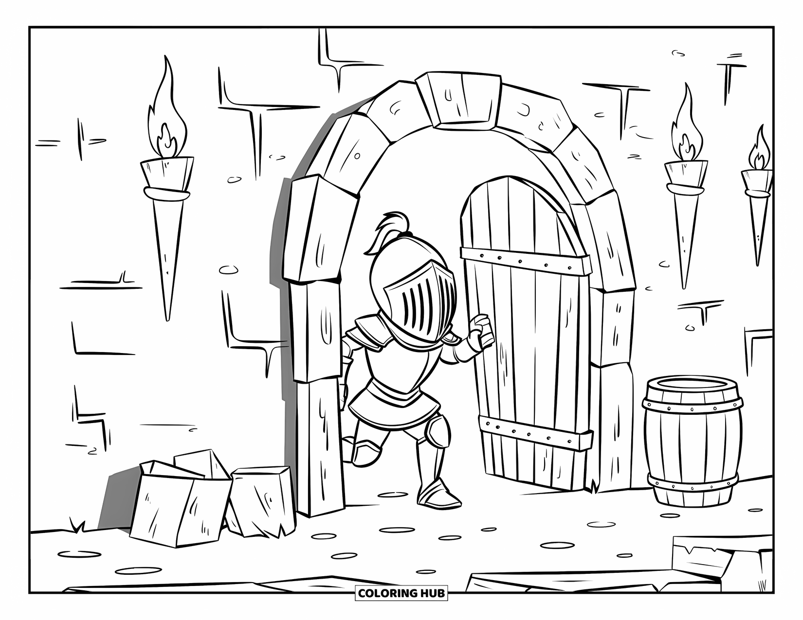 Medieval Coloring Page for Kids: A knight enters a rough dungeon with torches, a wooden door, and a shadowy path