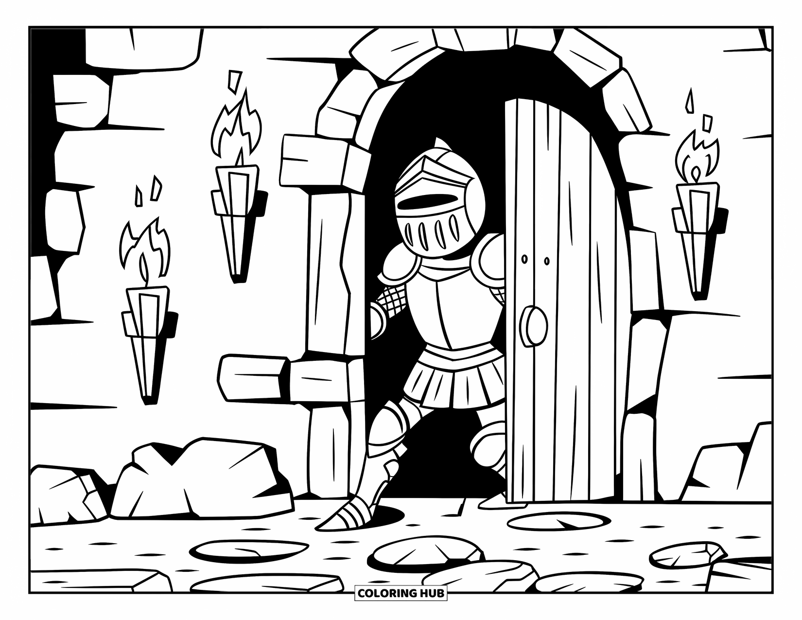 Medieval Coloring Page for Kids: A knight walks into a dark stone dungeon lit by wall torches and rough flooring
