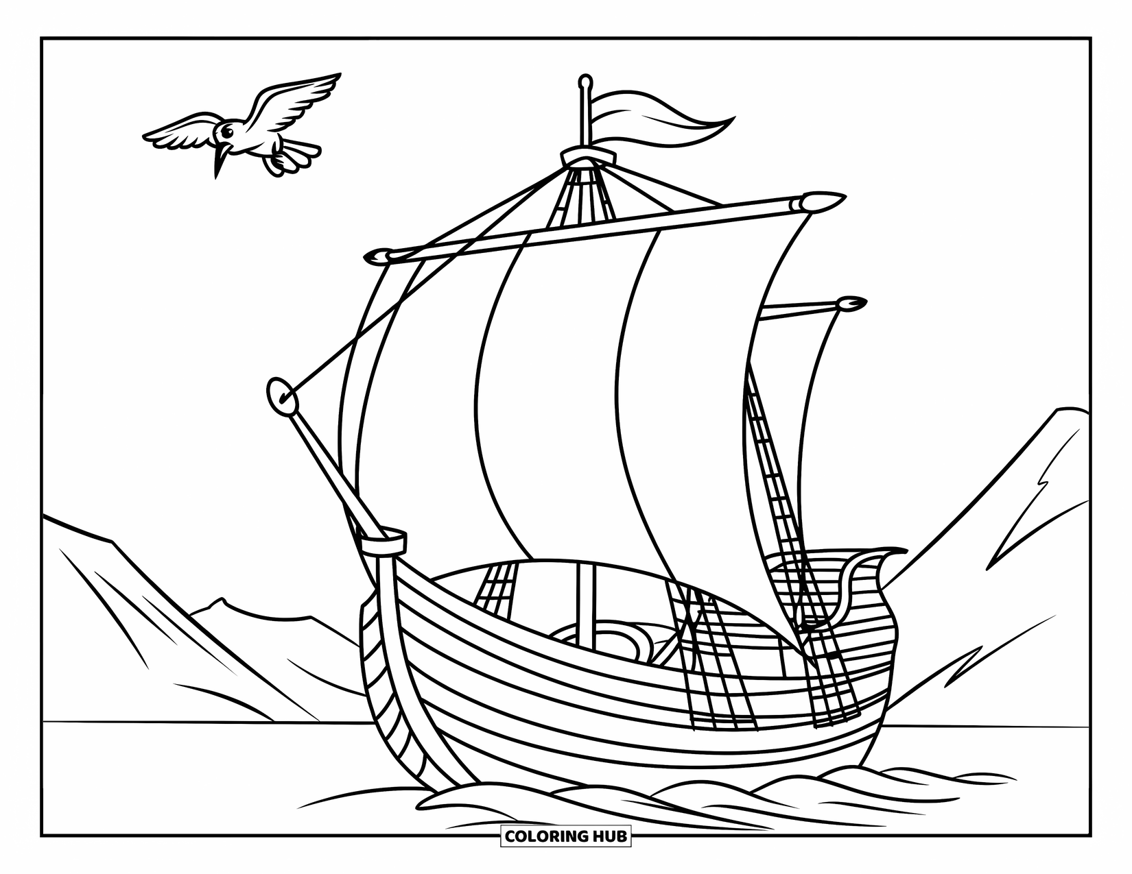 Medieval Coloring Page for Kids: A medieval ship with big sails sails calmly with a bird flying overhead and mountains behind